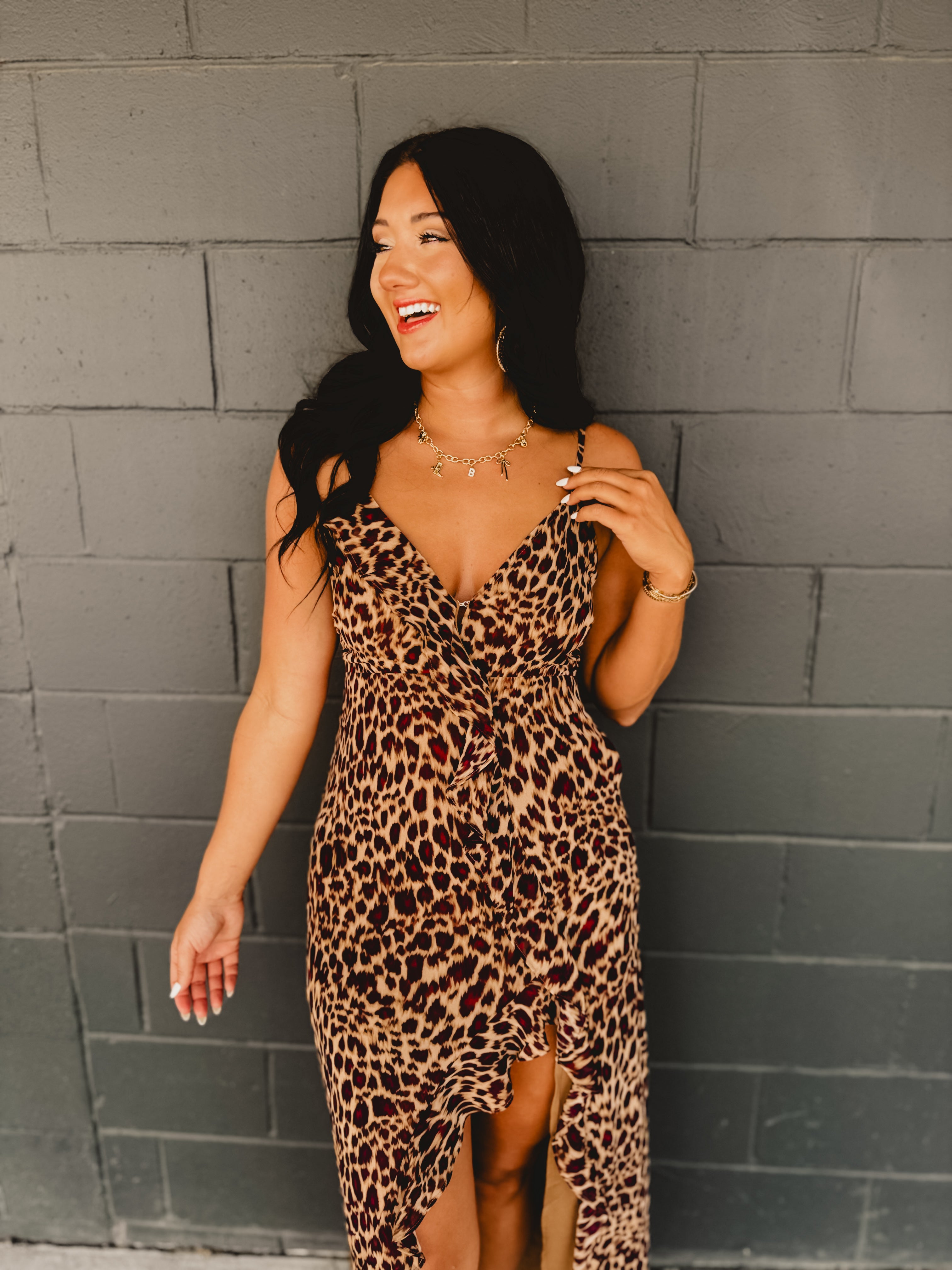 Leopard Ruffle Asymmetrical Midi Dress
