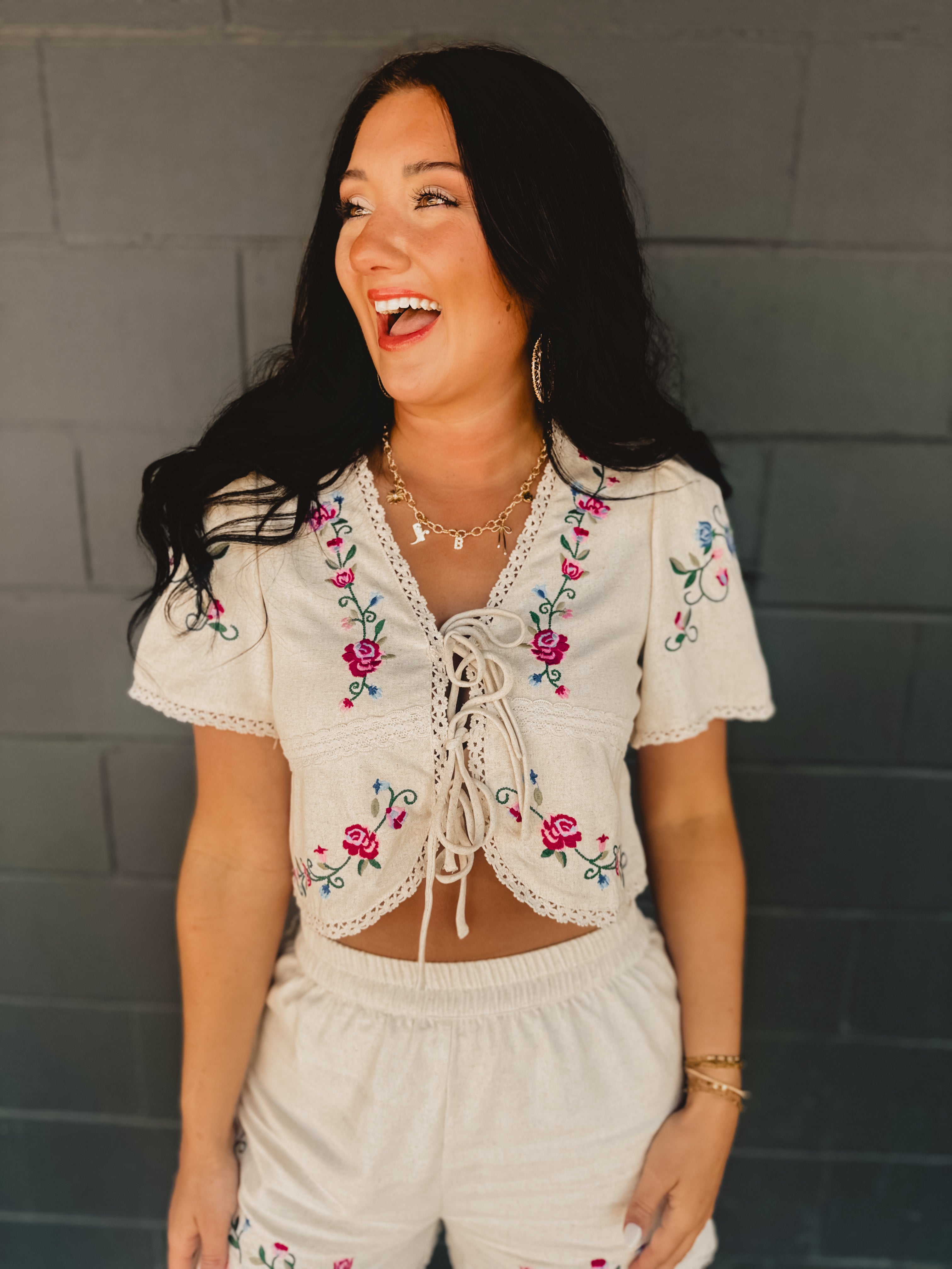 Floral Embroidery Detail Front Tie Cropped Blouse - Natural