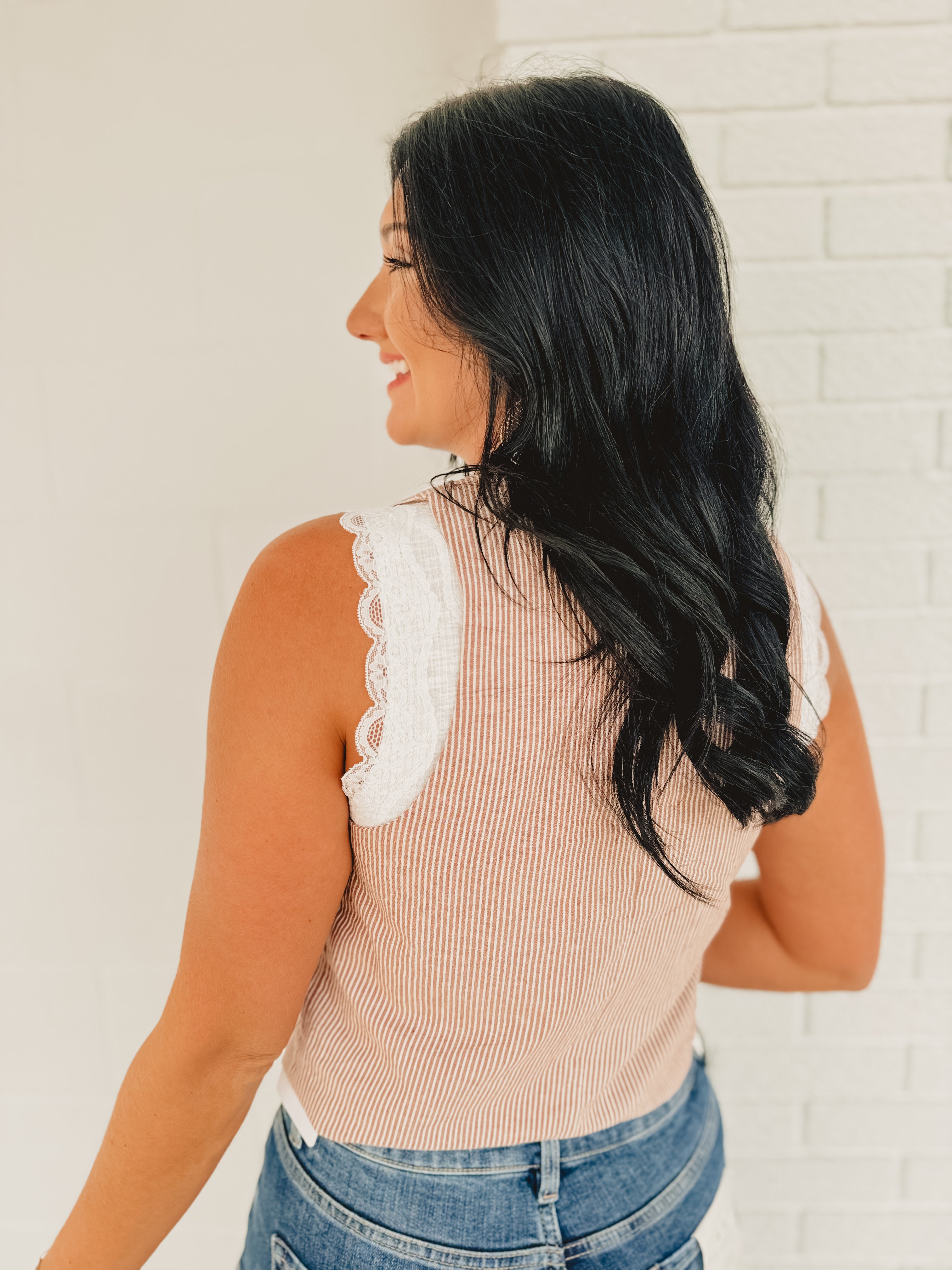 Pinstripe Tie Front Vest - Brick/Ivory