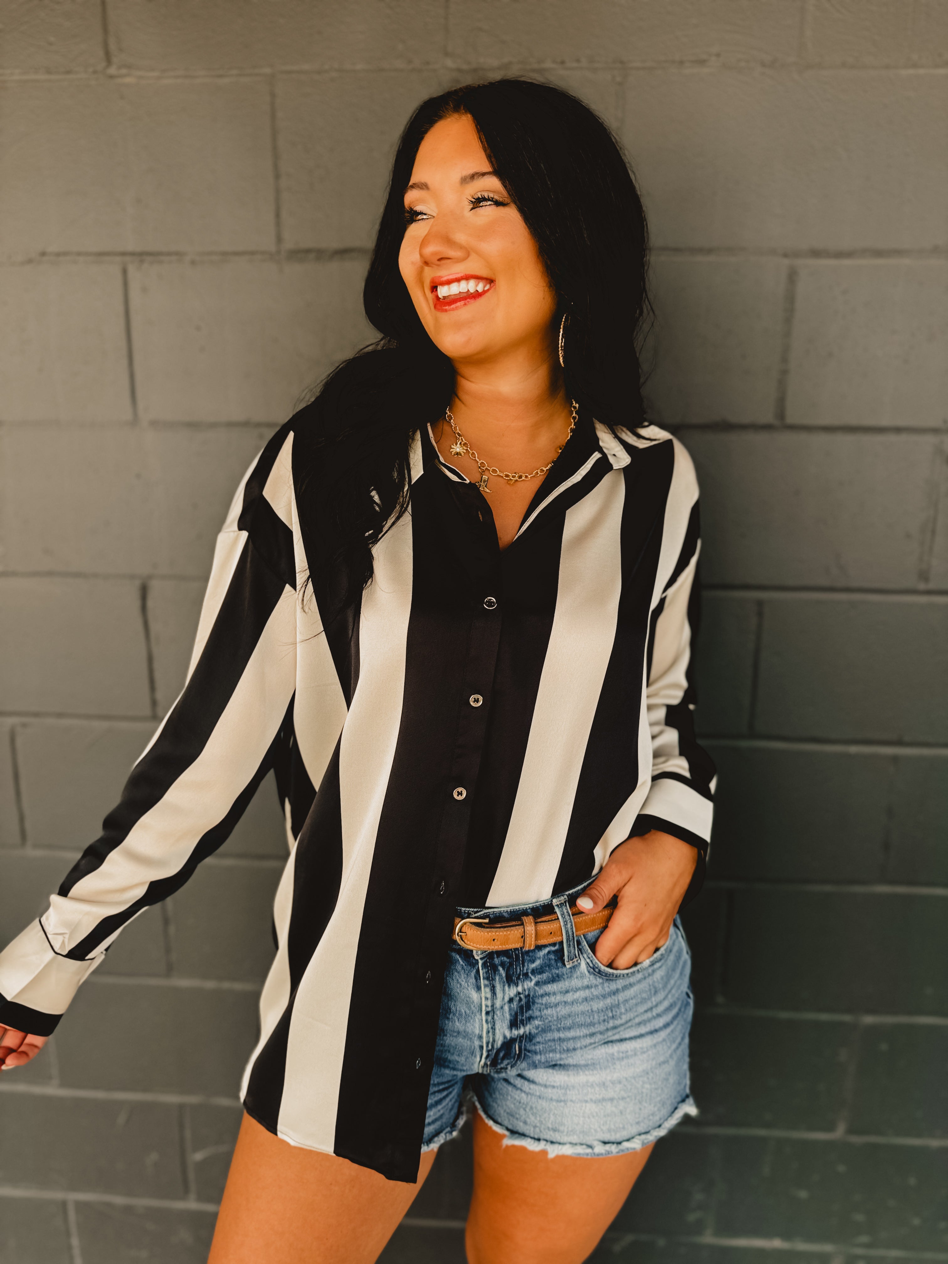 PREORDER Striped Satin Relaxed Fit Blouse - Black/Ivory