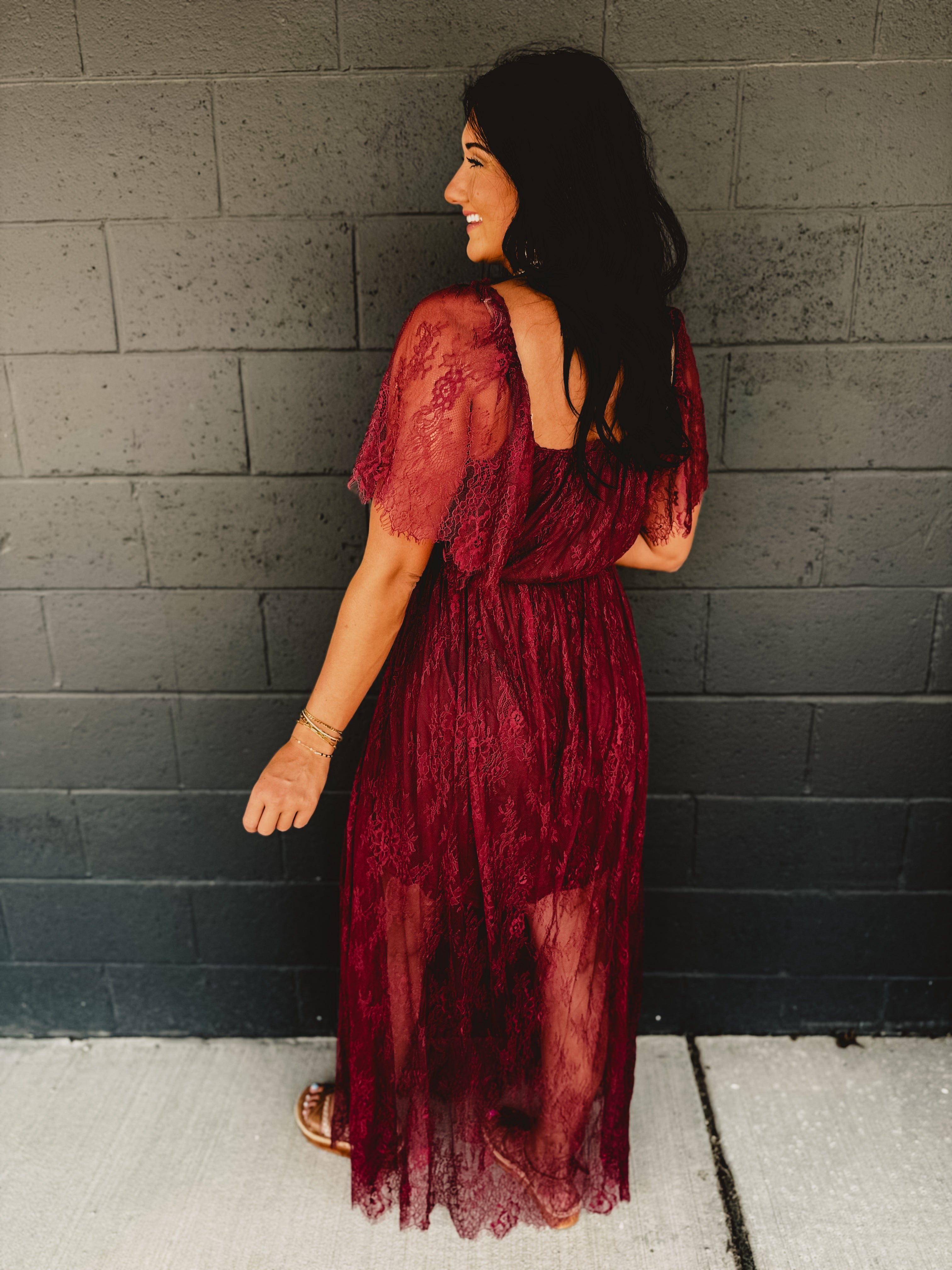 Floral Lace Overlay Maxi Dress - Wine