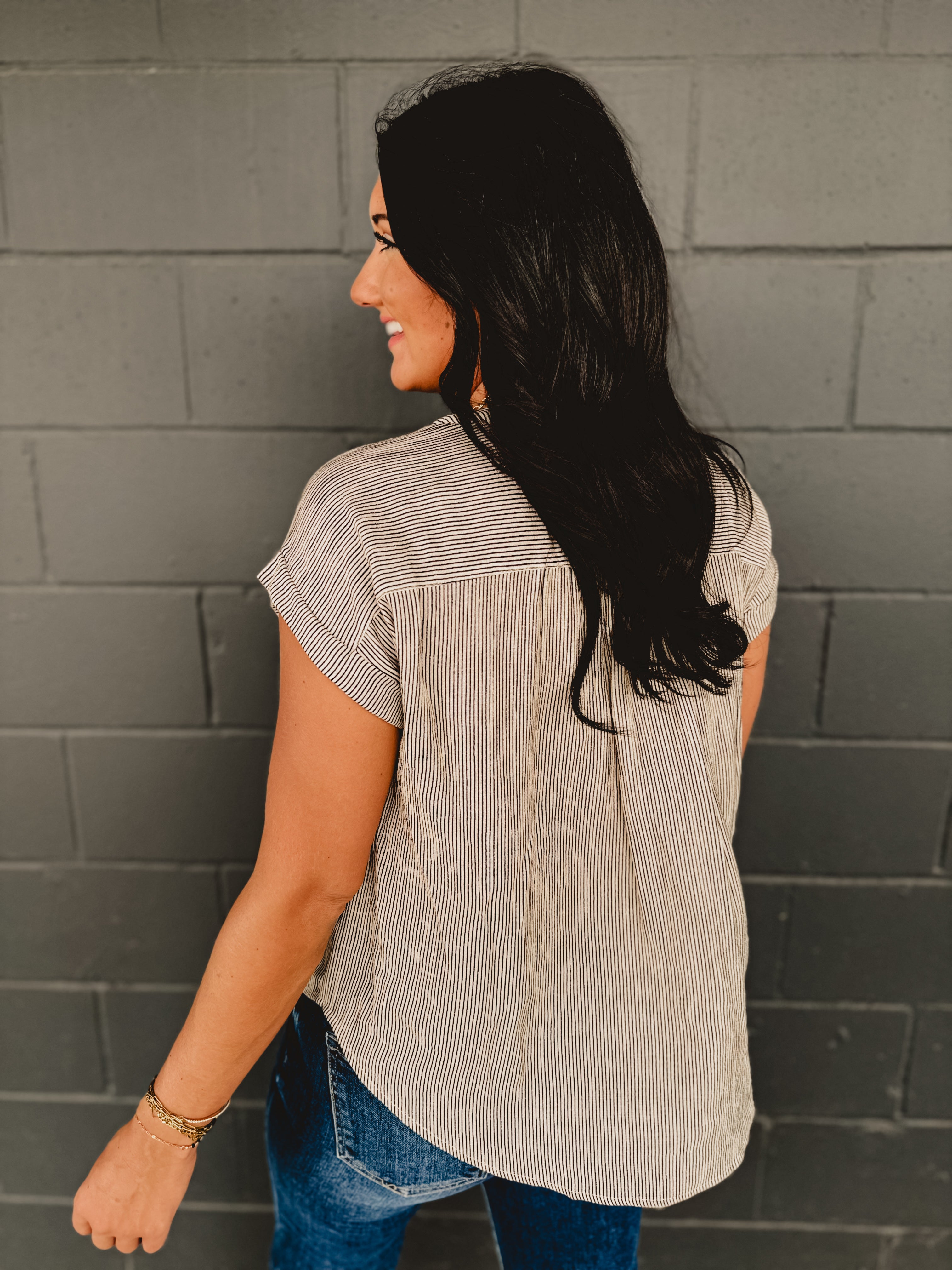 Pinstripe Short Cuff Sleeve Button Down Top - Champagne