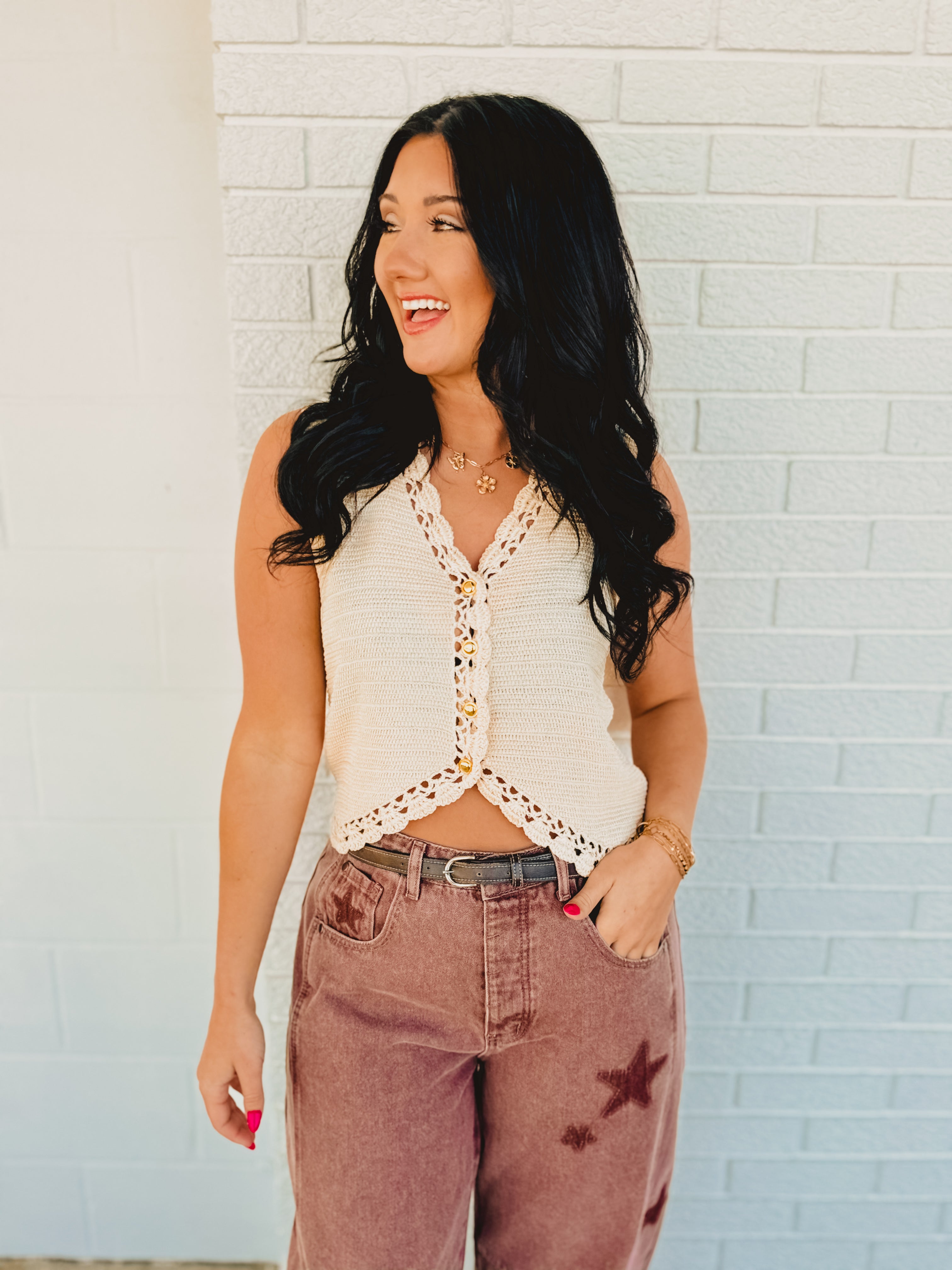 Crochet Trimmed Button Down Sweater Vest - Oatmeal