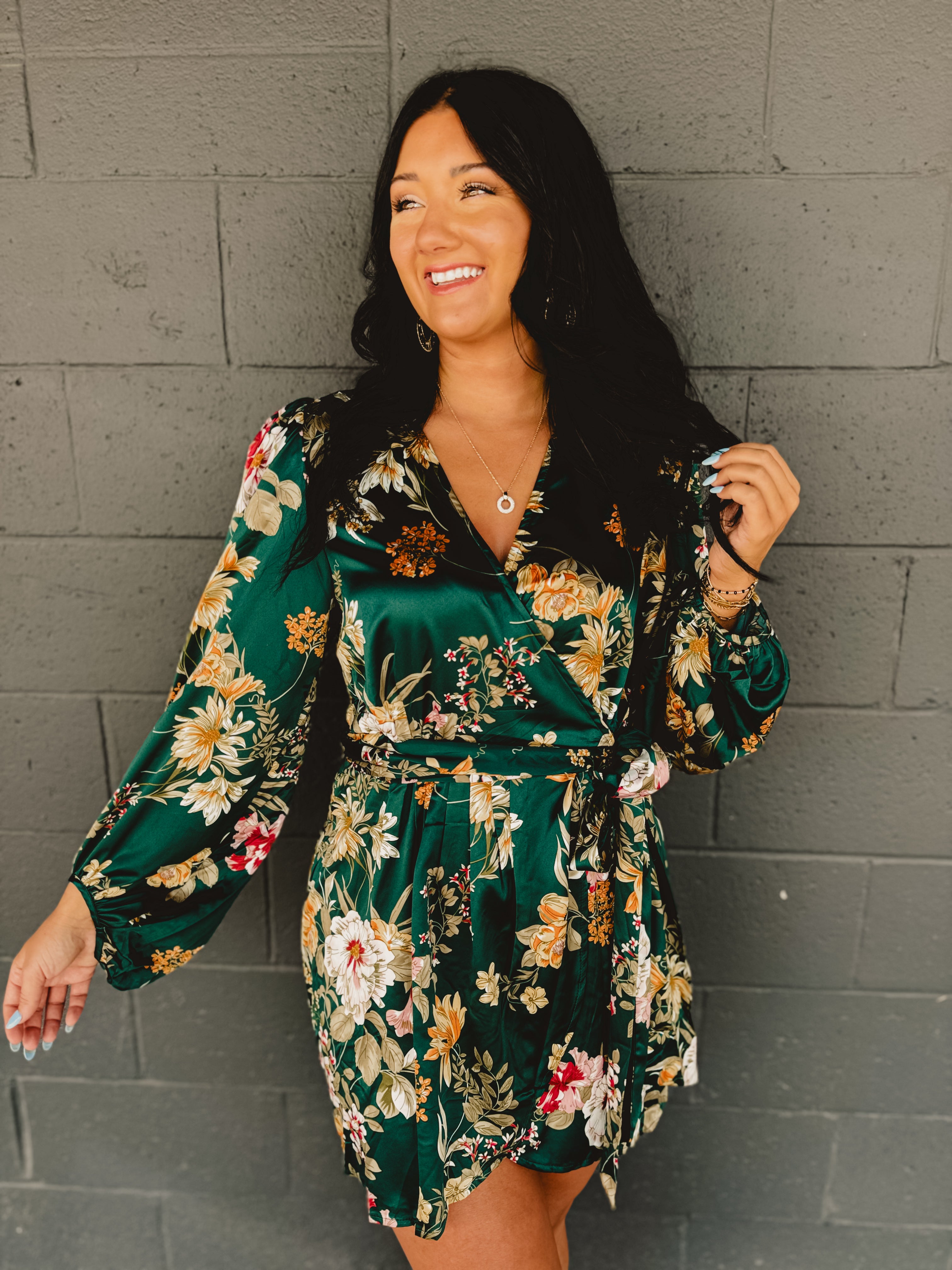 Floral Satin Wrap Dress - Emerald