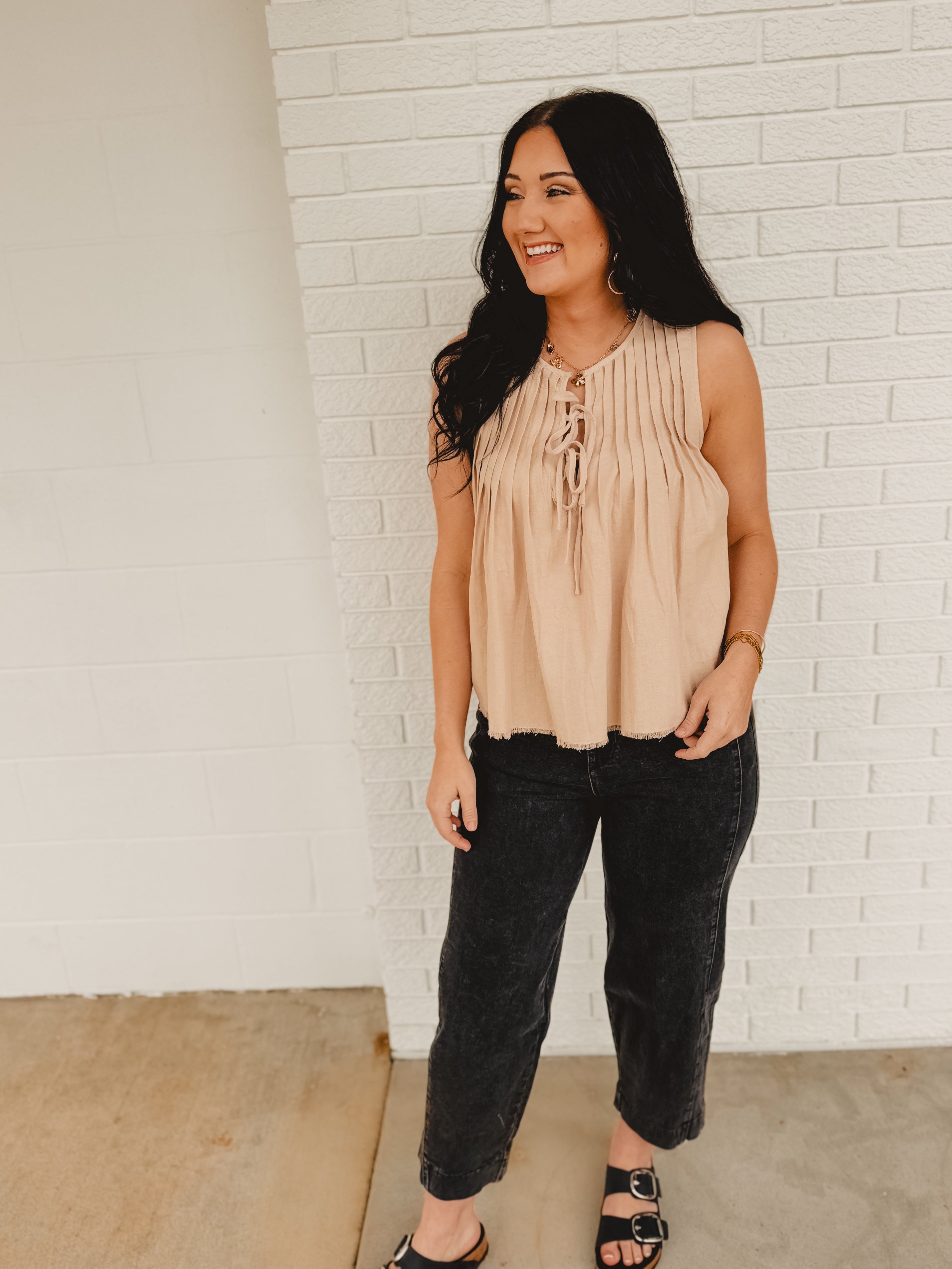 Tie Front Pleated Sleeveless Top - Natural