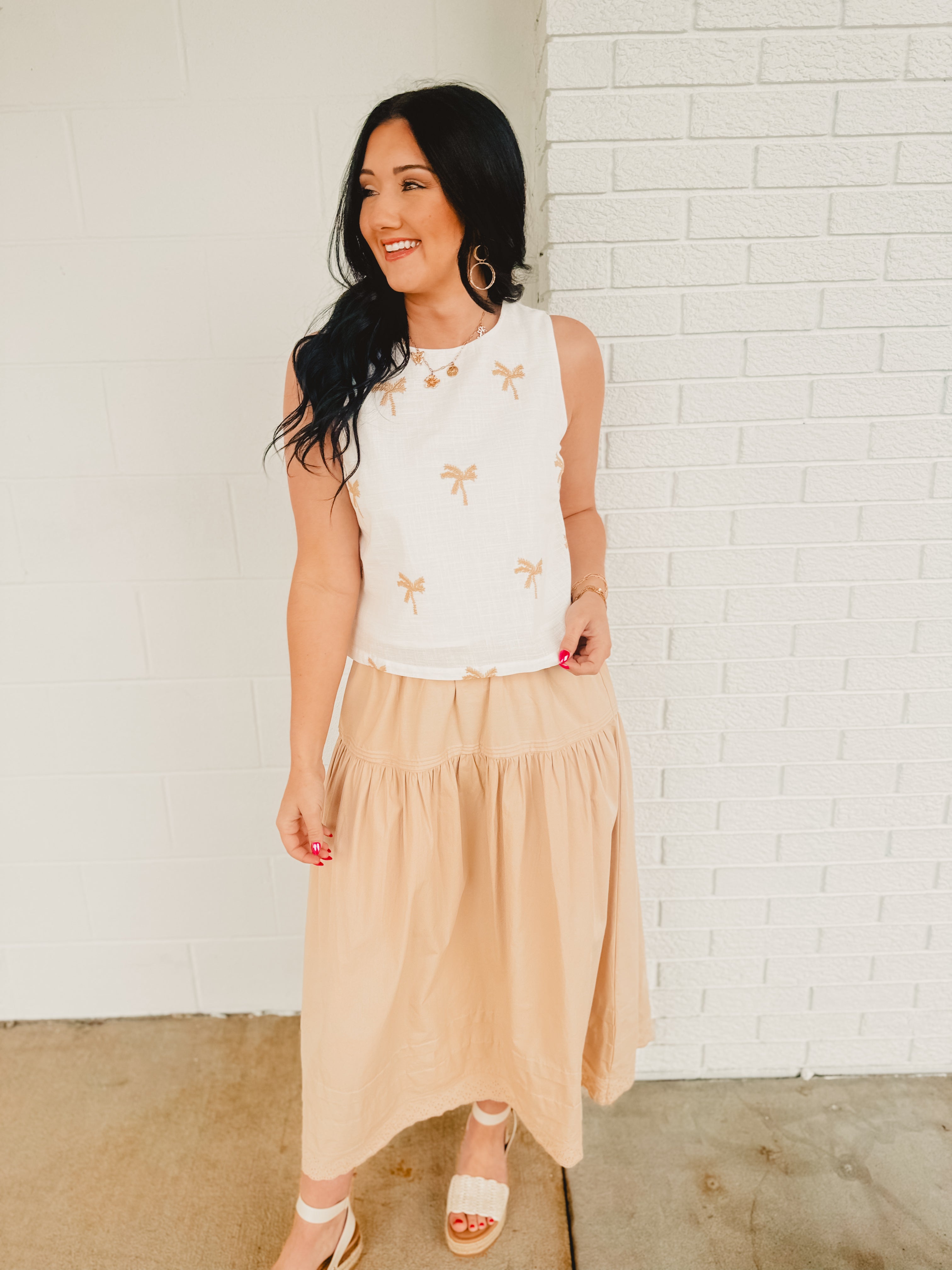 Palm Tree Embroidery Linen Tank Top - White