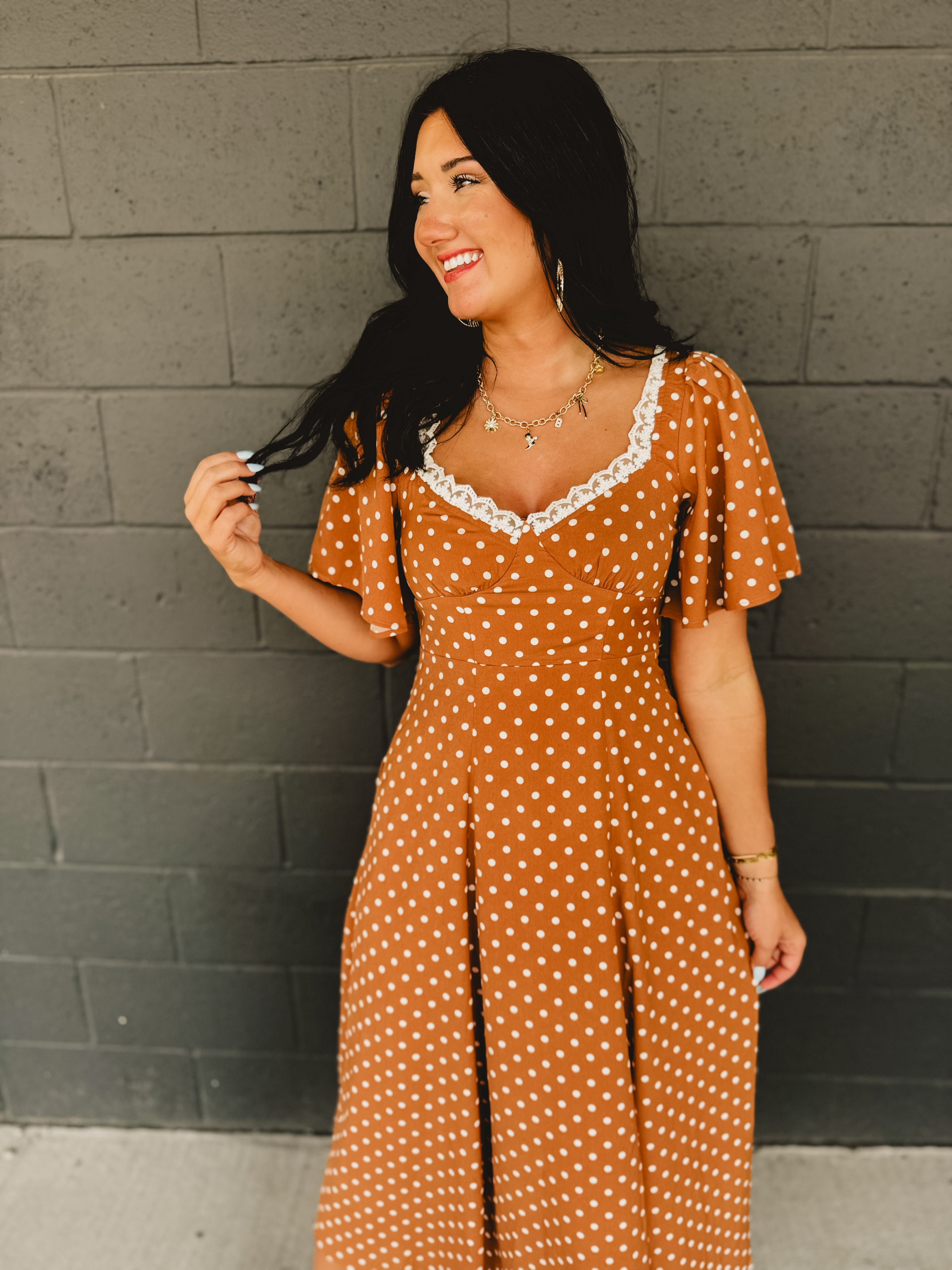 Flutter Sleeve Polka Dot Maxi Dress - Sepia