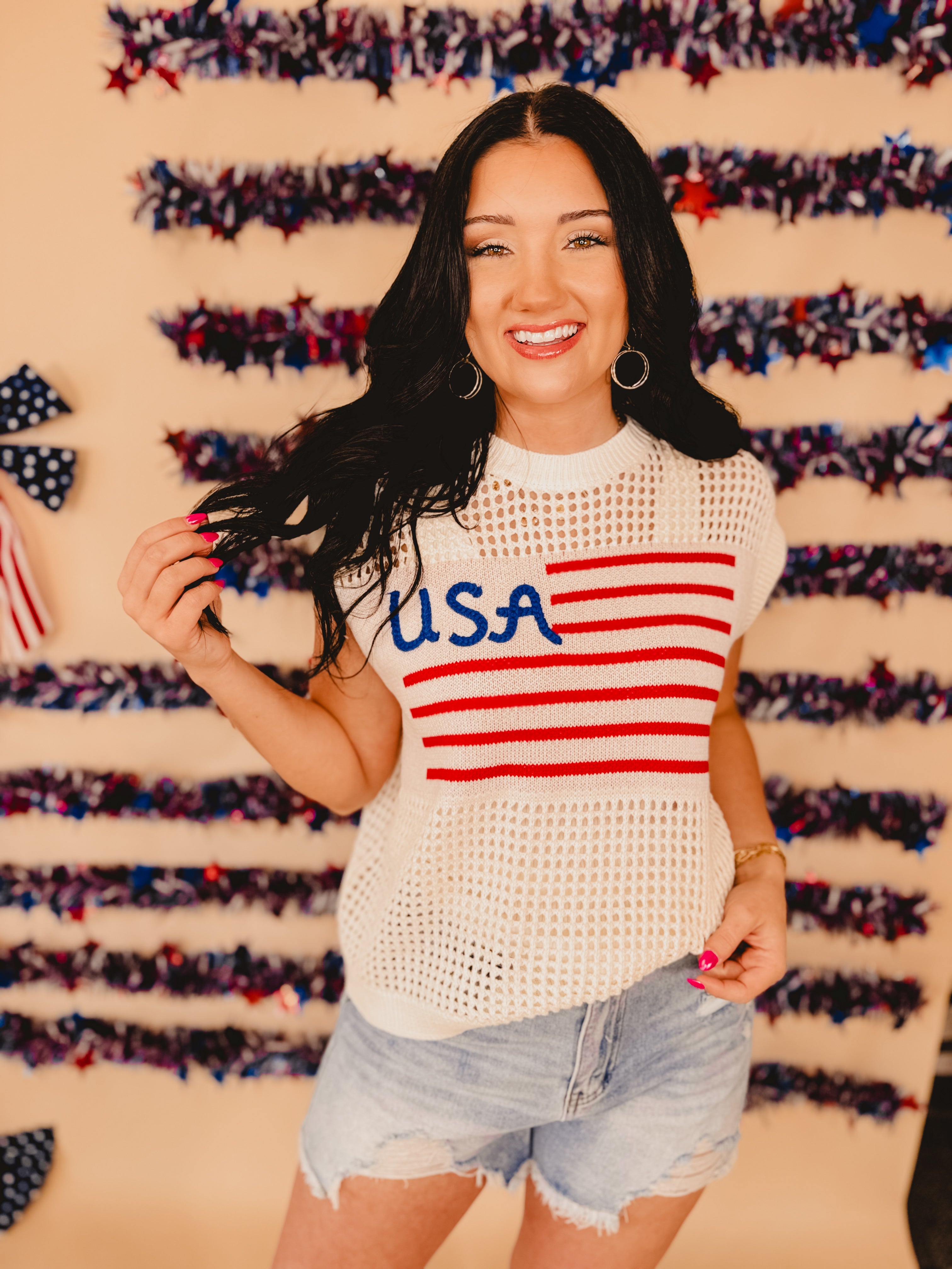 USA Flag Crochet Sleeveless Top - White