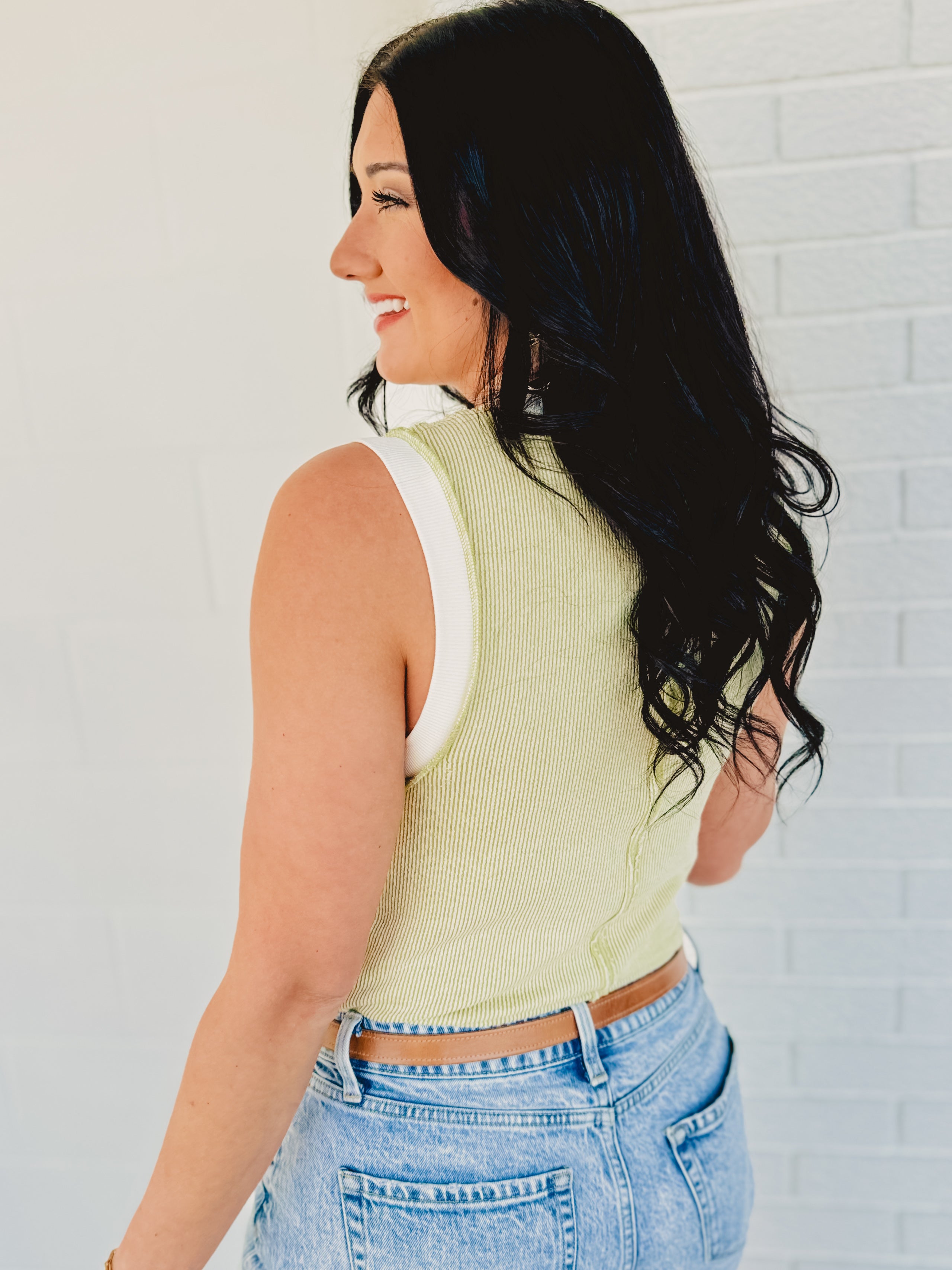 Two-Toned Ribbed Knit Tank Top - Lime