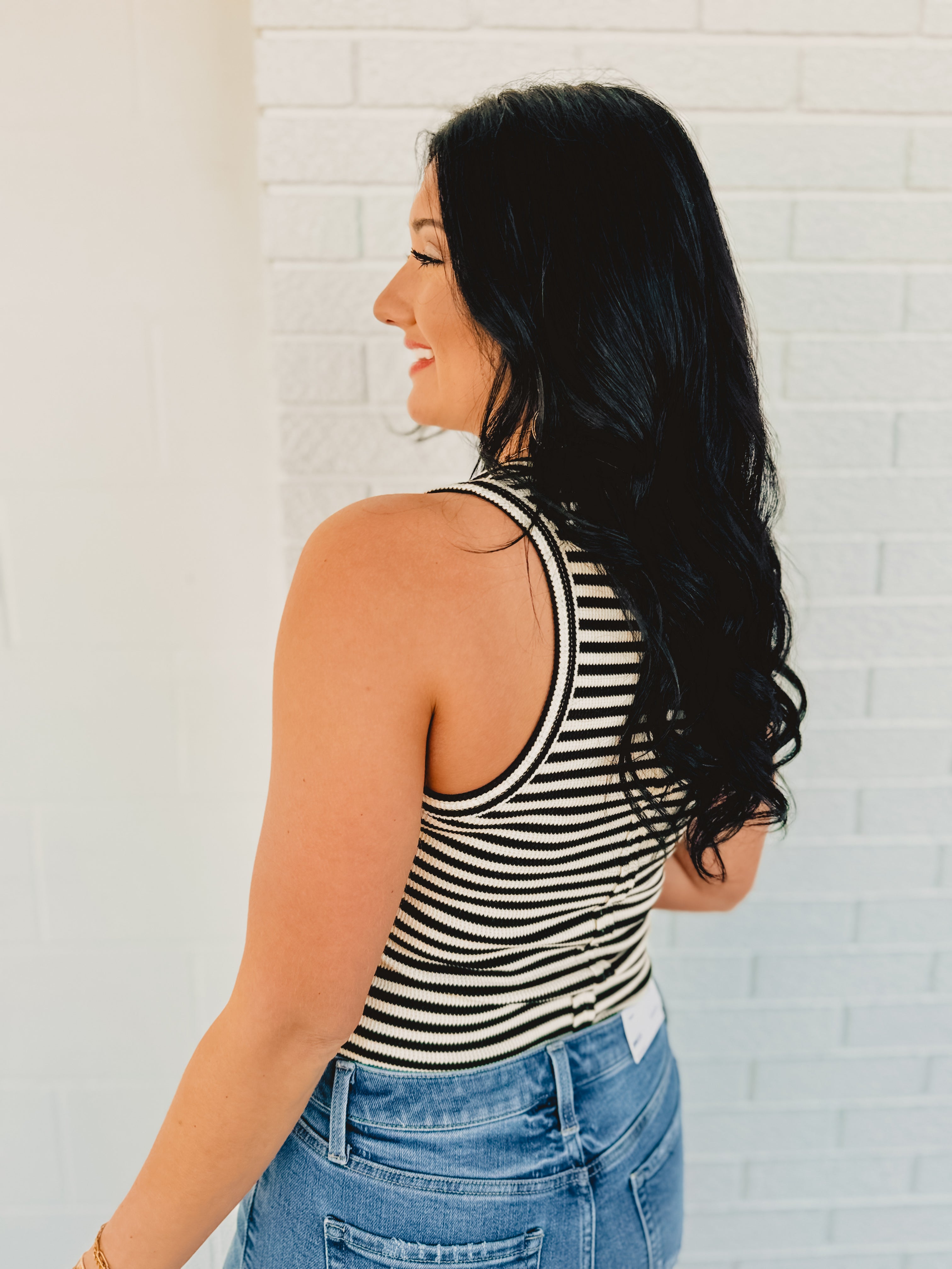 Striped & Solid Button Down Knit Tank Top - Black