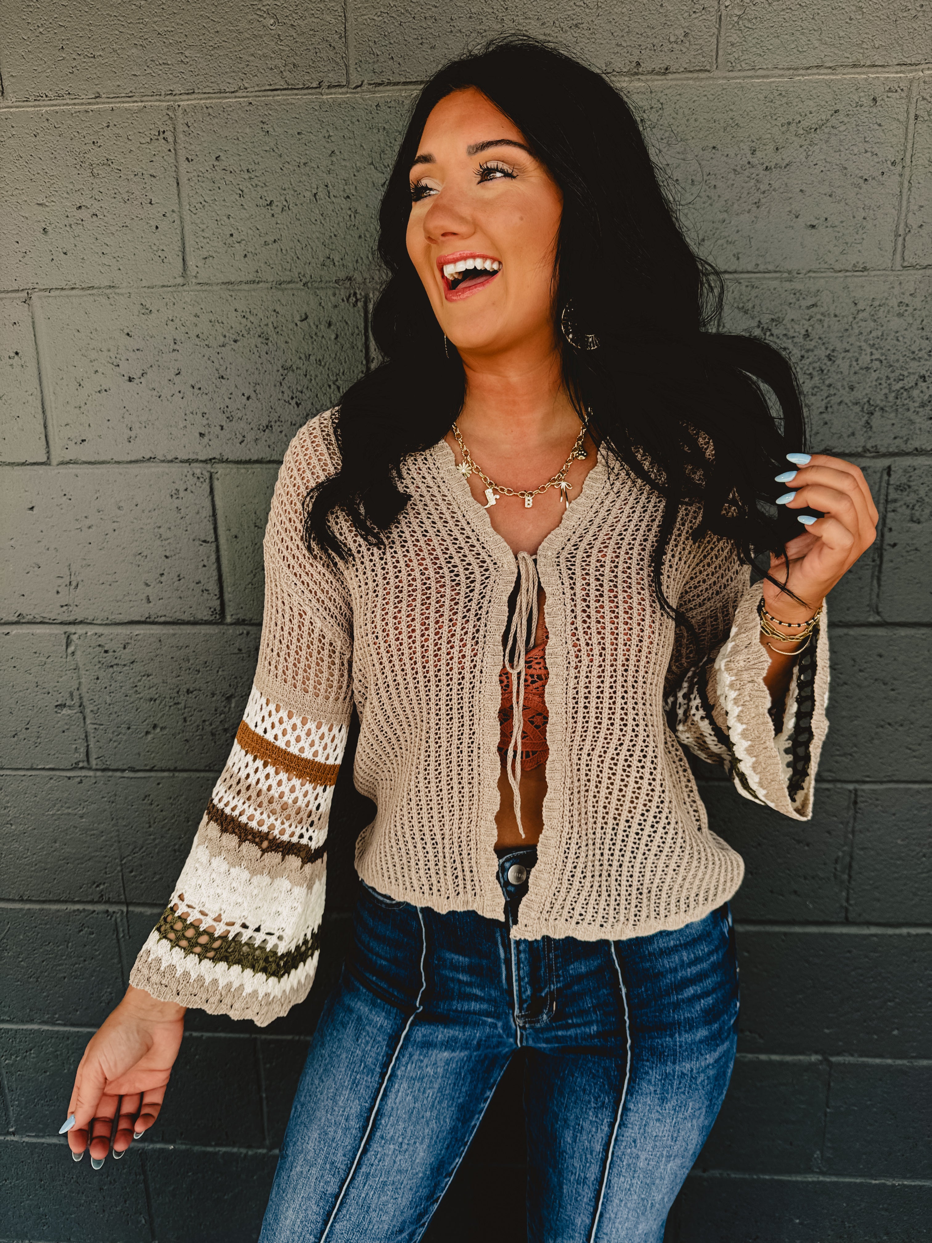 Striped Sleeve Detail Crochet Cardigan - Mocha/Olive