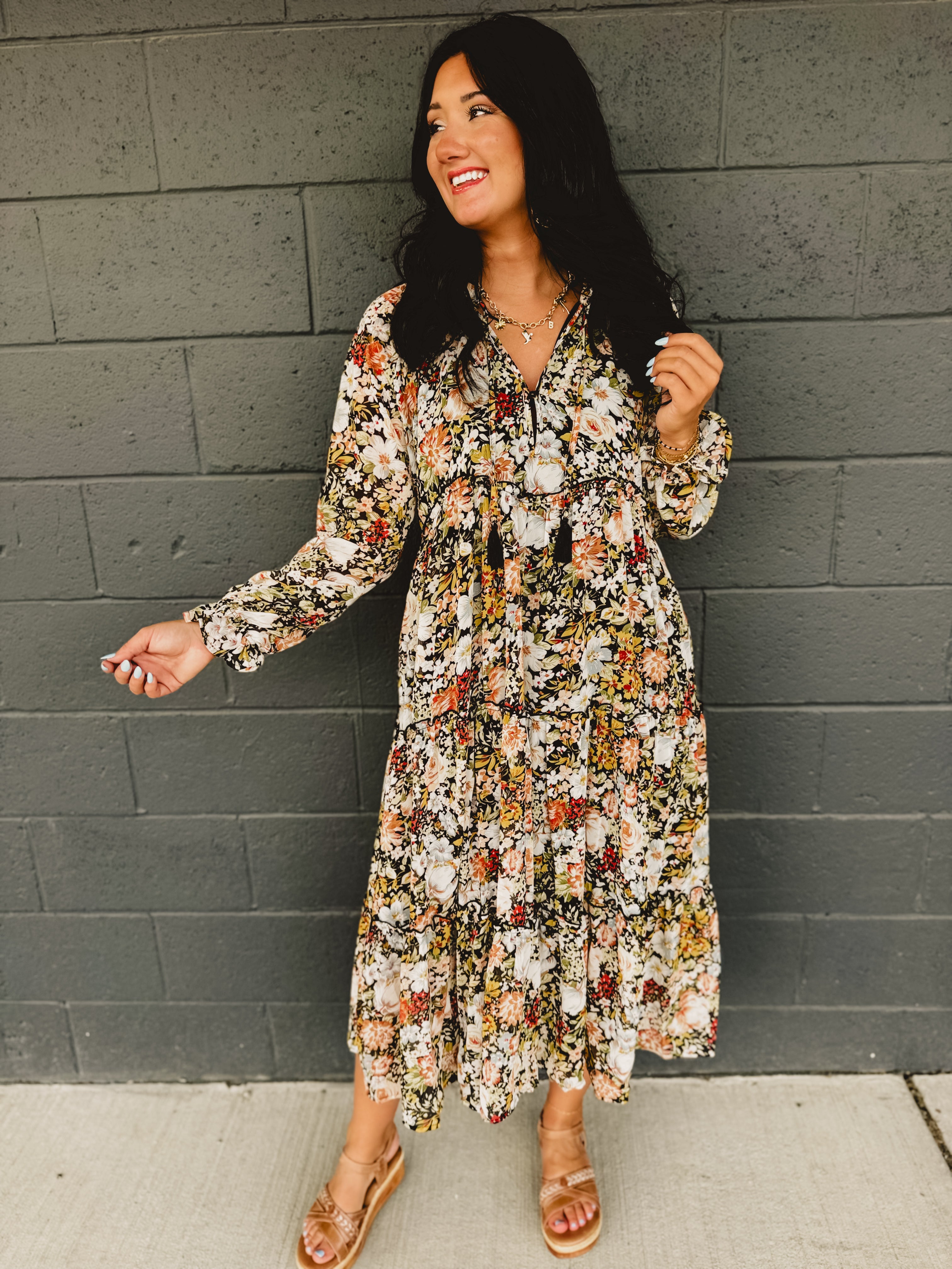 Floral Printed Chiffon Long Sleeve Midi Dress - Black