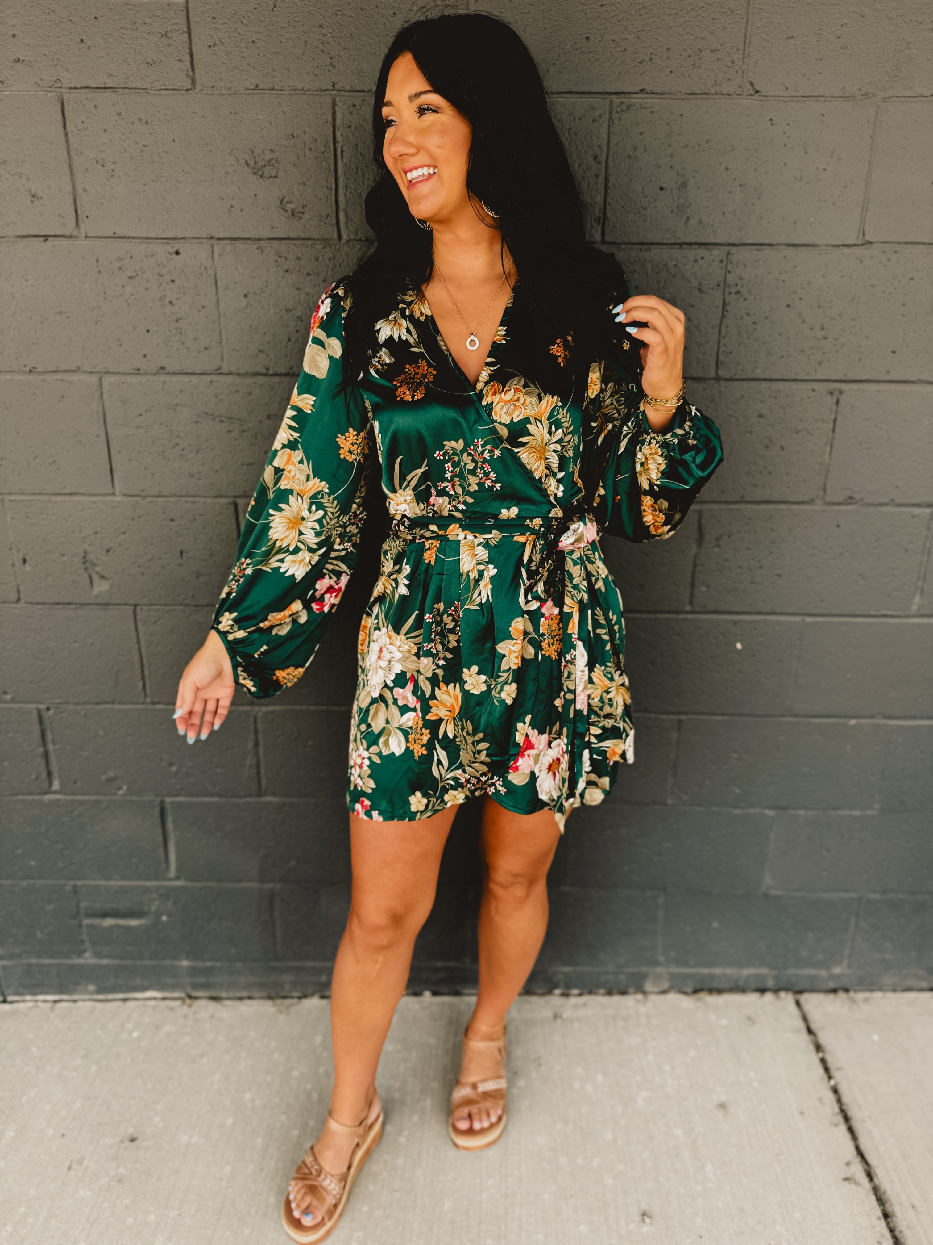 Floral Satin Wrap Dress - Emerald
