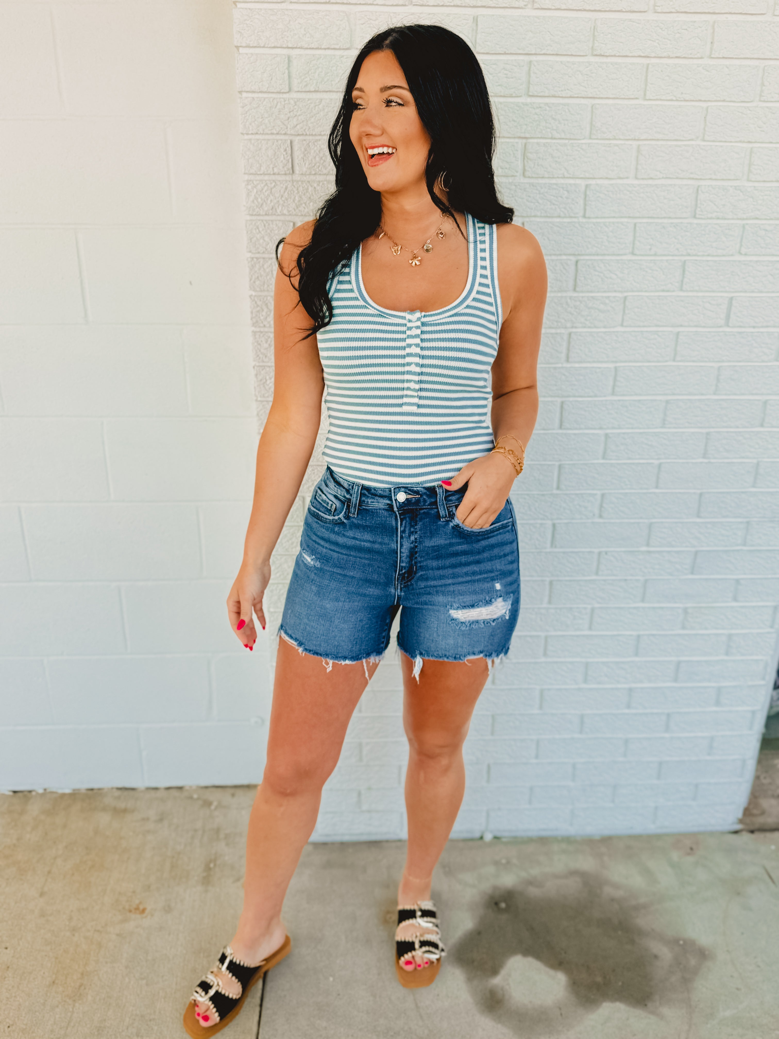 Striped & Solid Button Down Knit Tank Top - Sky