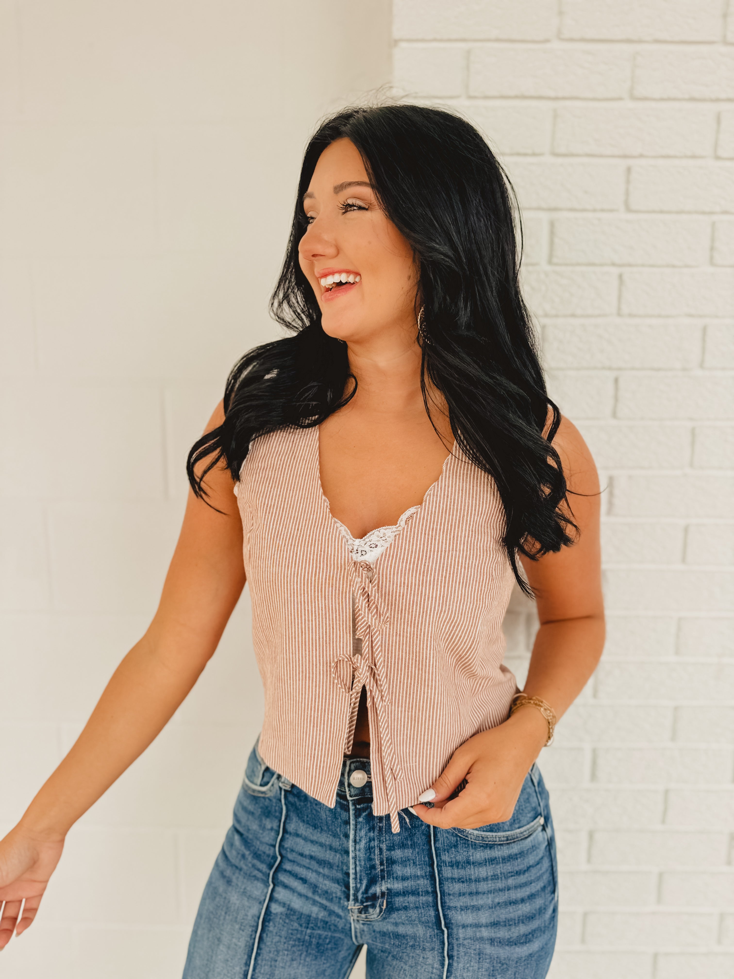 Pinstripe Tie Front Vest - Brick/Ivory