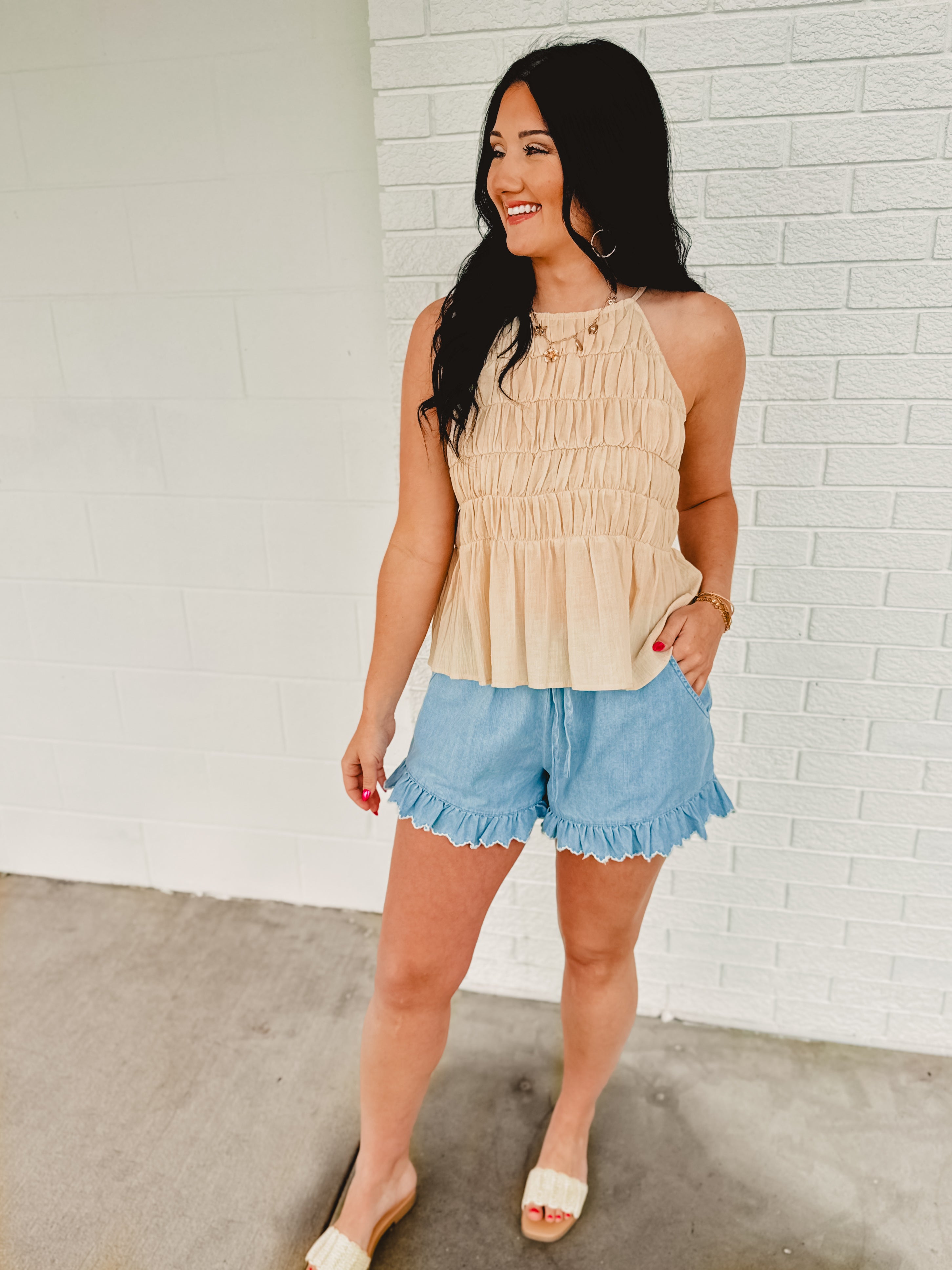 High Neck Tiered Smocked Tank Top - Natural