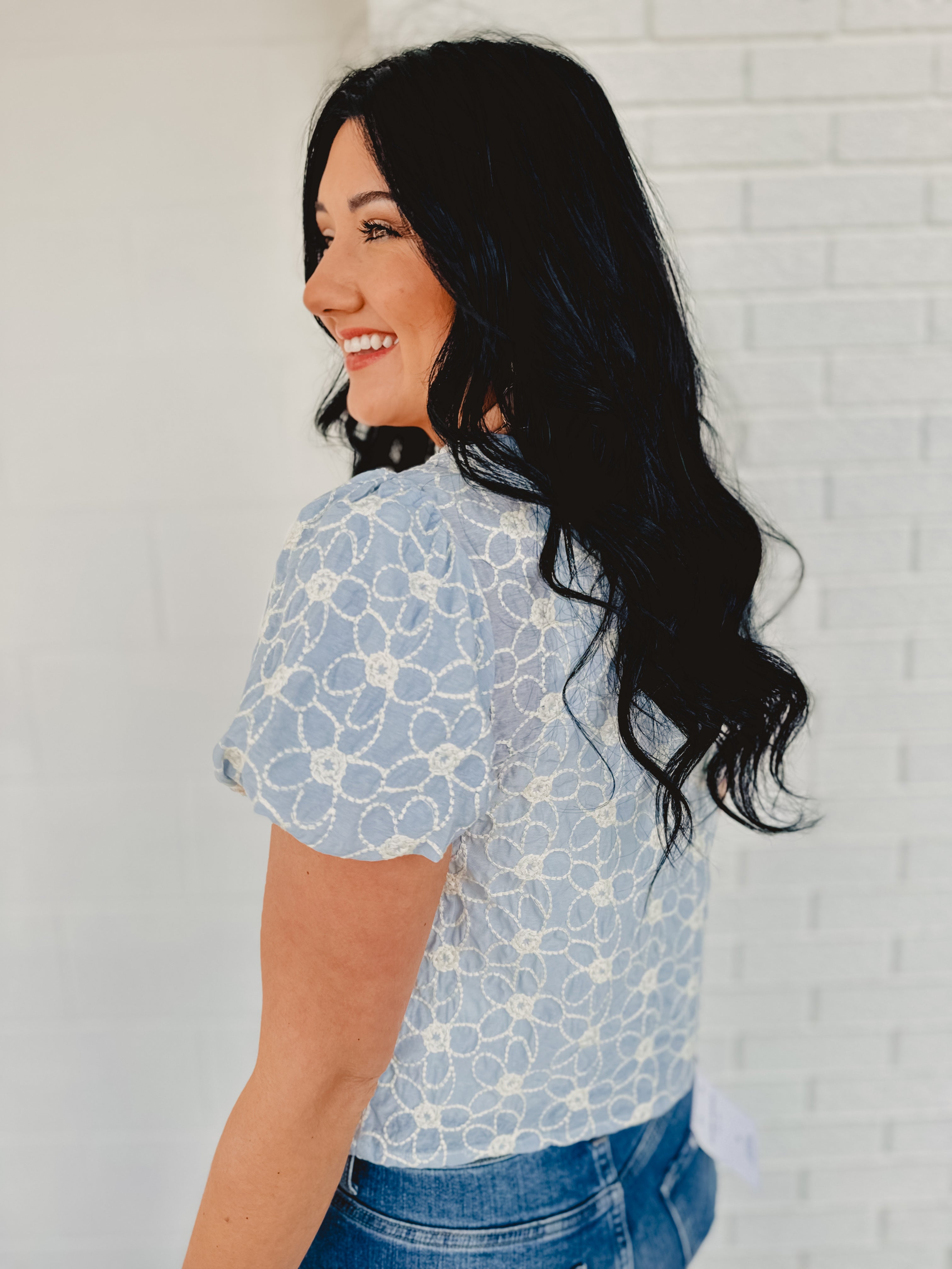 Tie Front Embroidered Top - Ice Blue