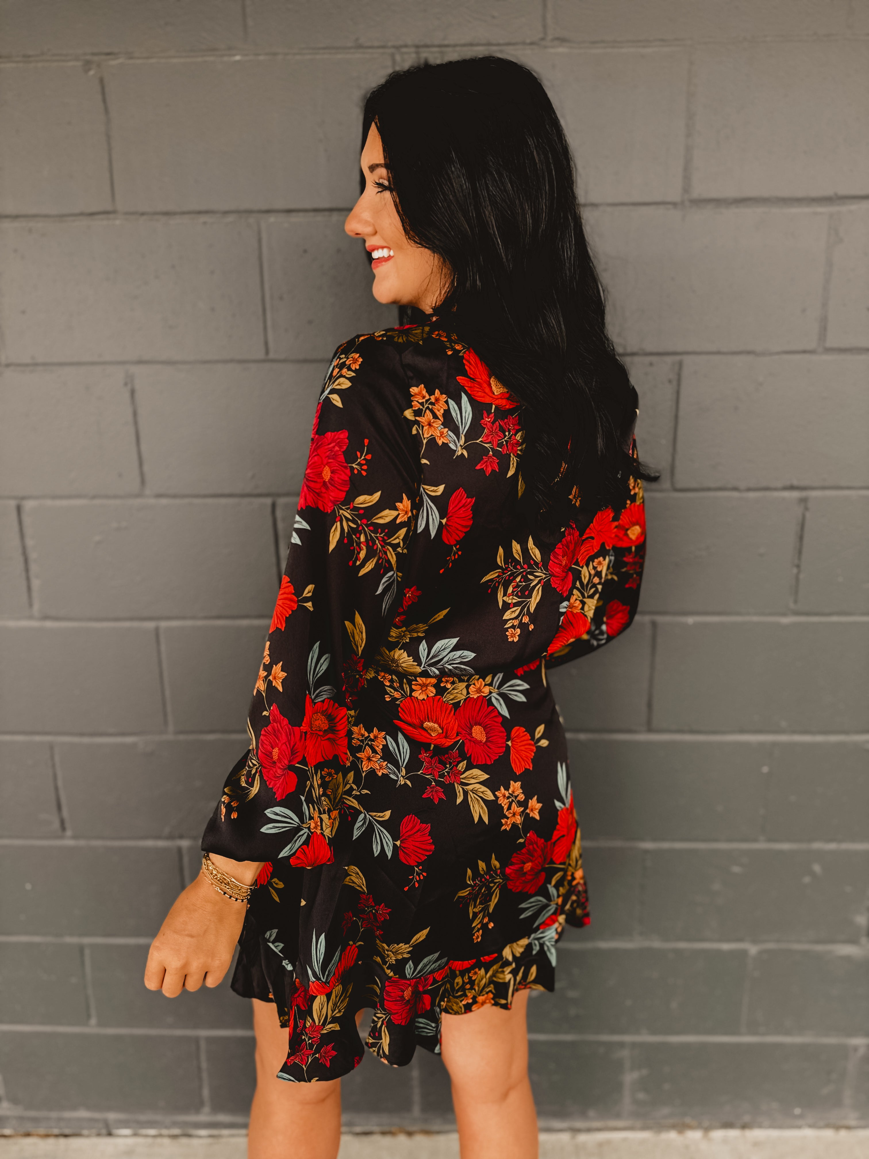 Midnight Floral Satin Wrap Dress - Black