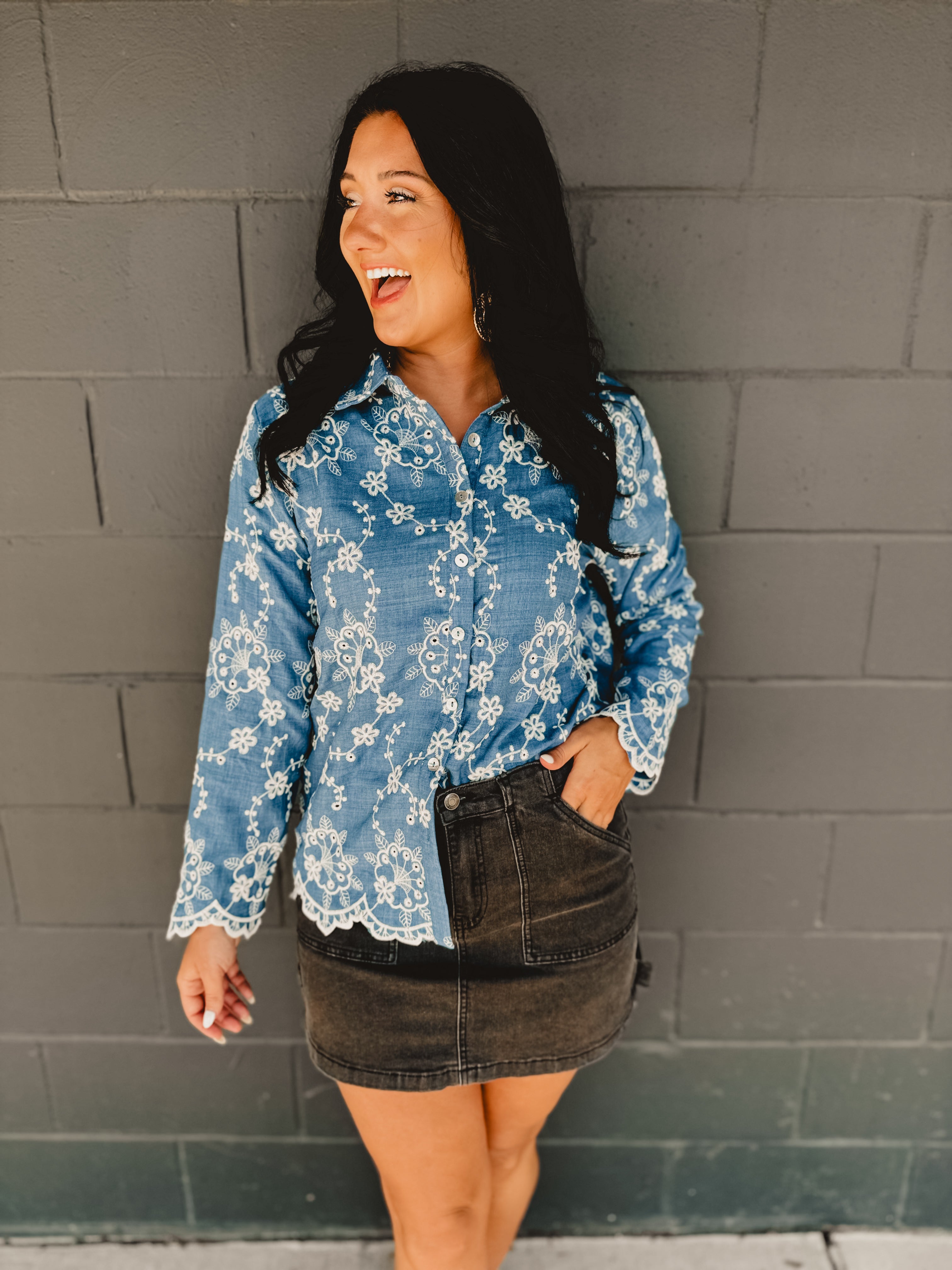 Button Down Floral Embroidered Denim Top