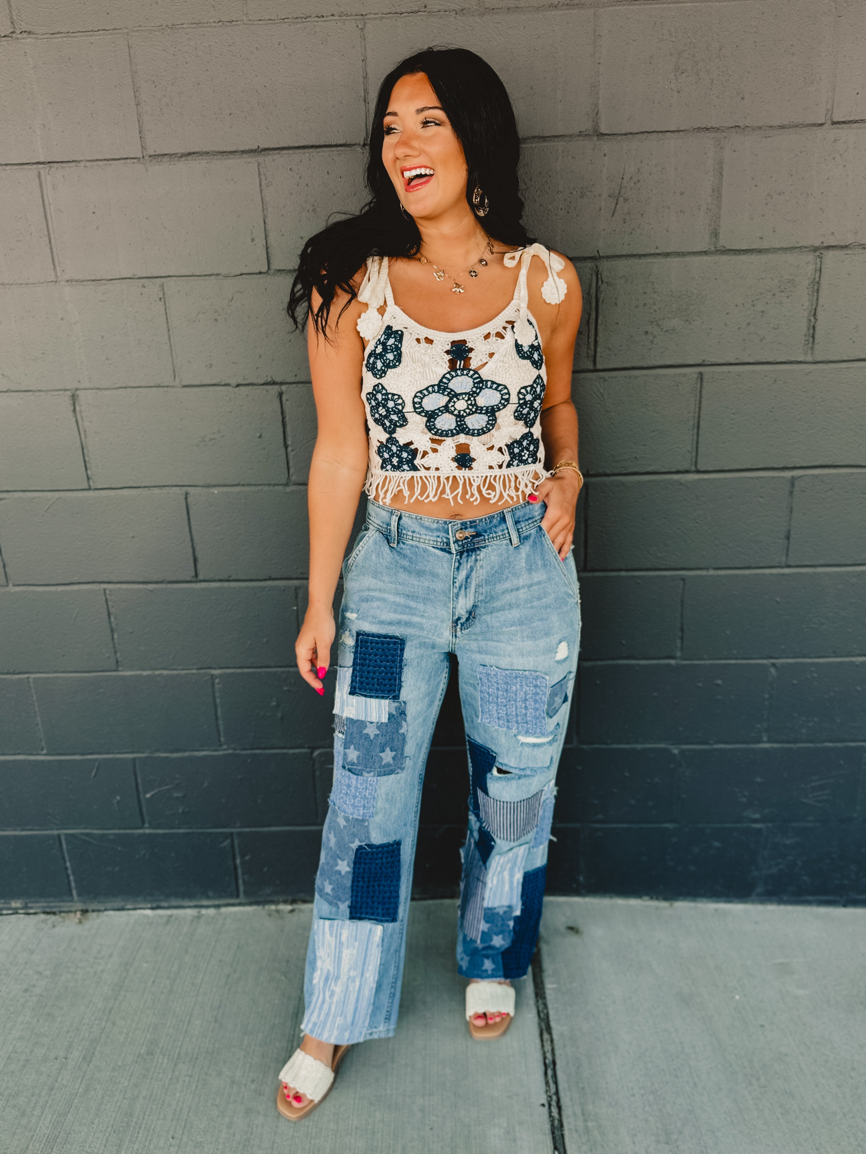 POL Crochet Weave Knit Tank - Blue/Cream