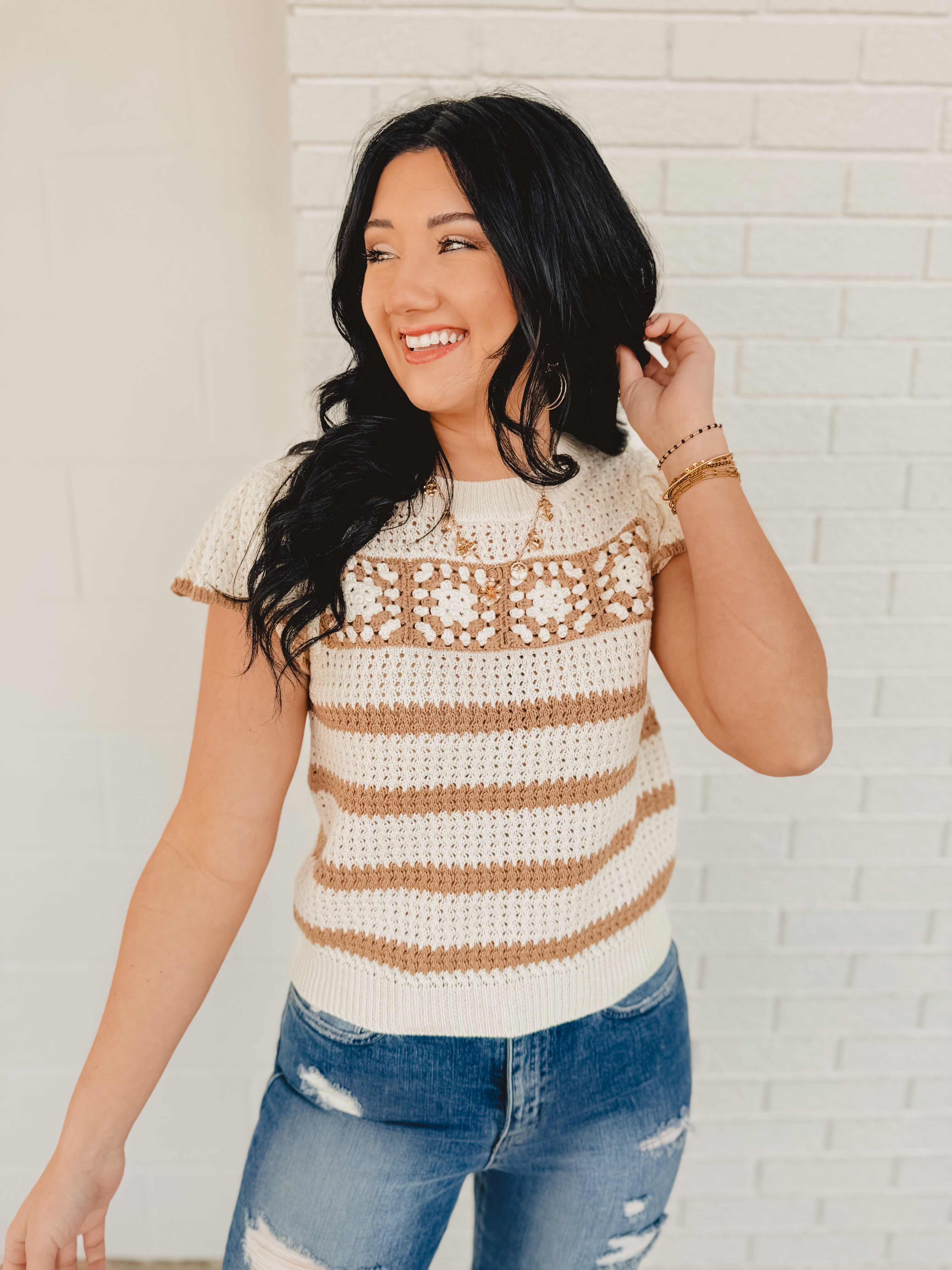 Stripe Short Sleeve Crochet Knit Top - Khaki/Cream