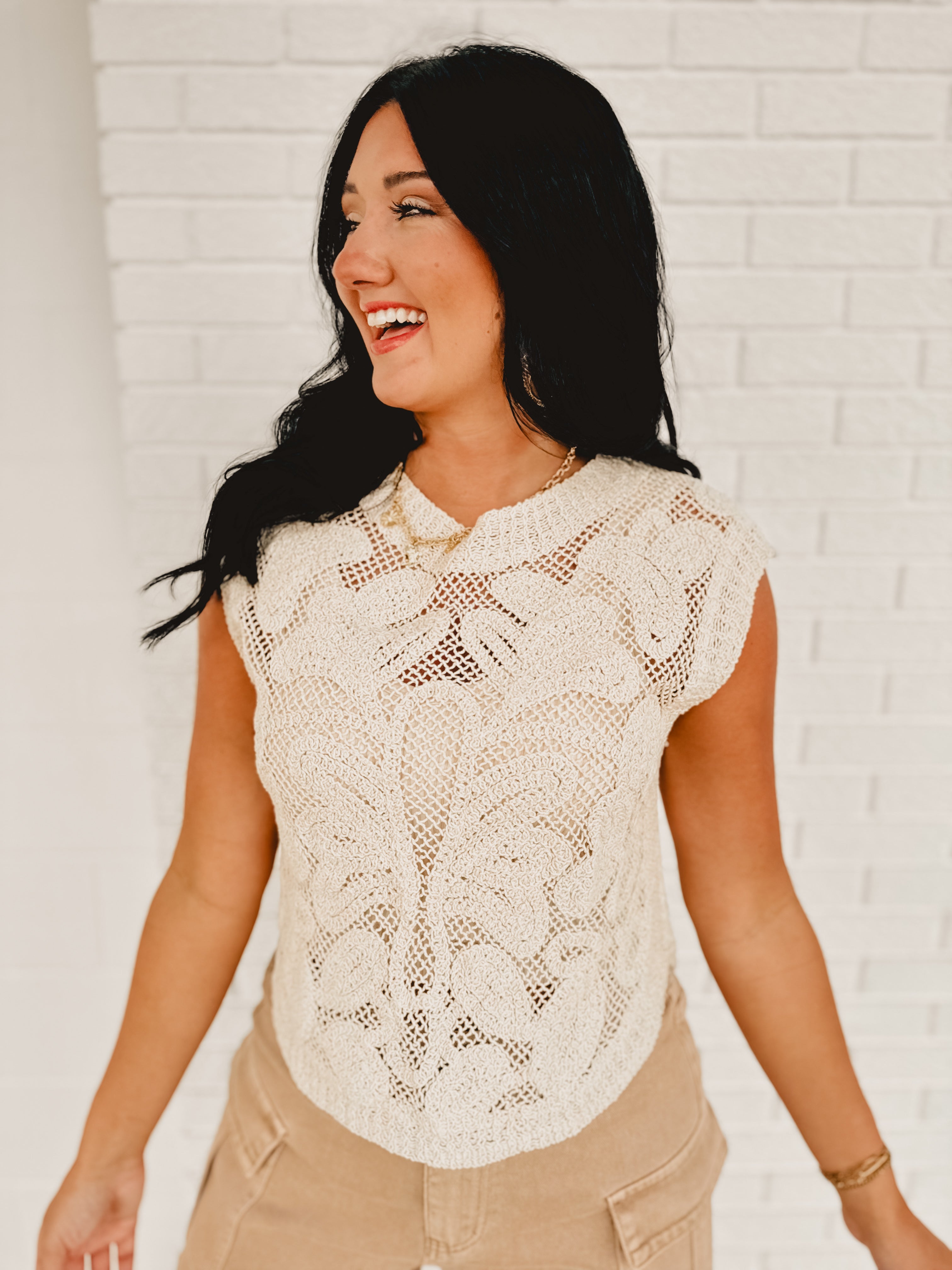 POL Sleeveless Round Neck Crochet Top - Natural