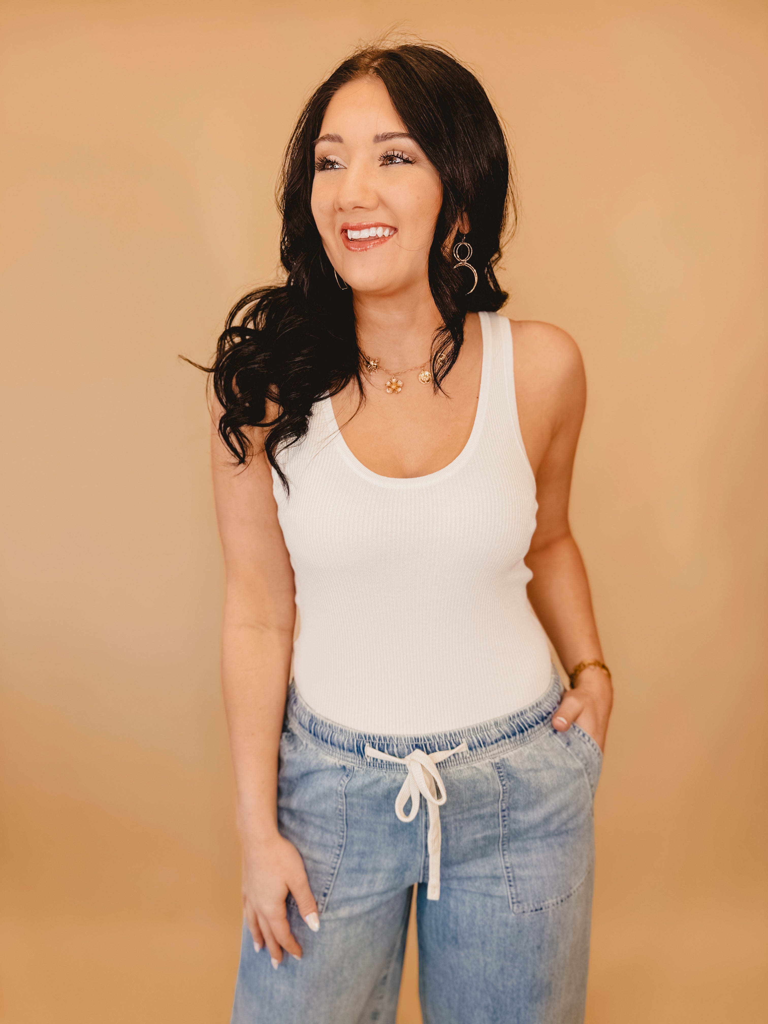 Ribbed Scoop Neck Knit Tank - Off White