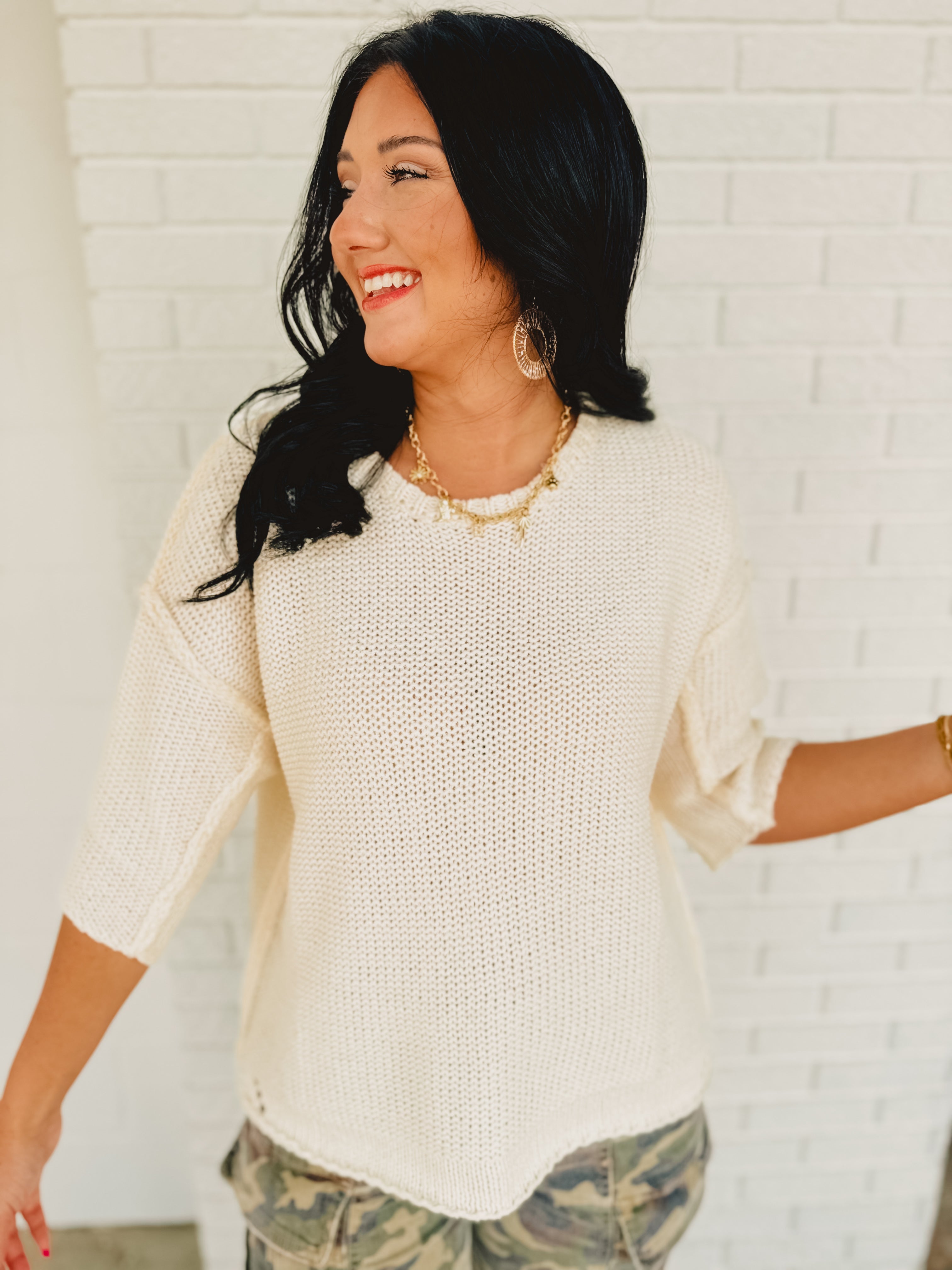 Half Sleeve Knitted Boxy Sweater - Ivory