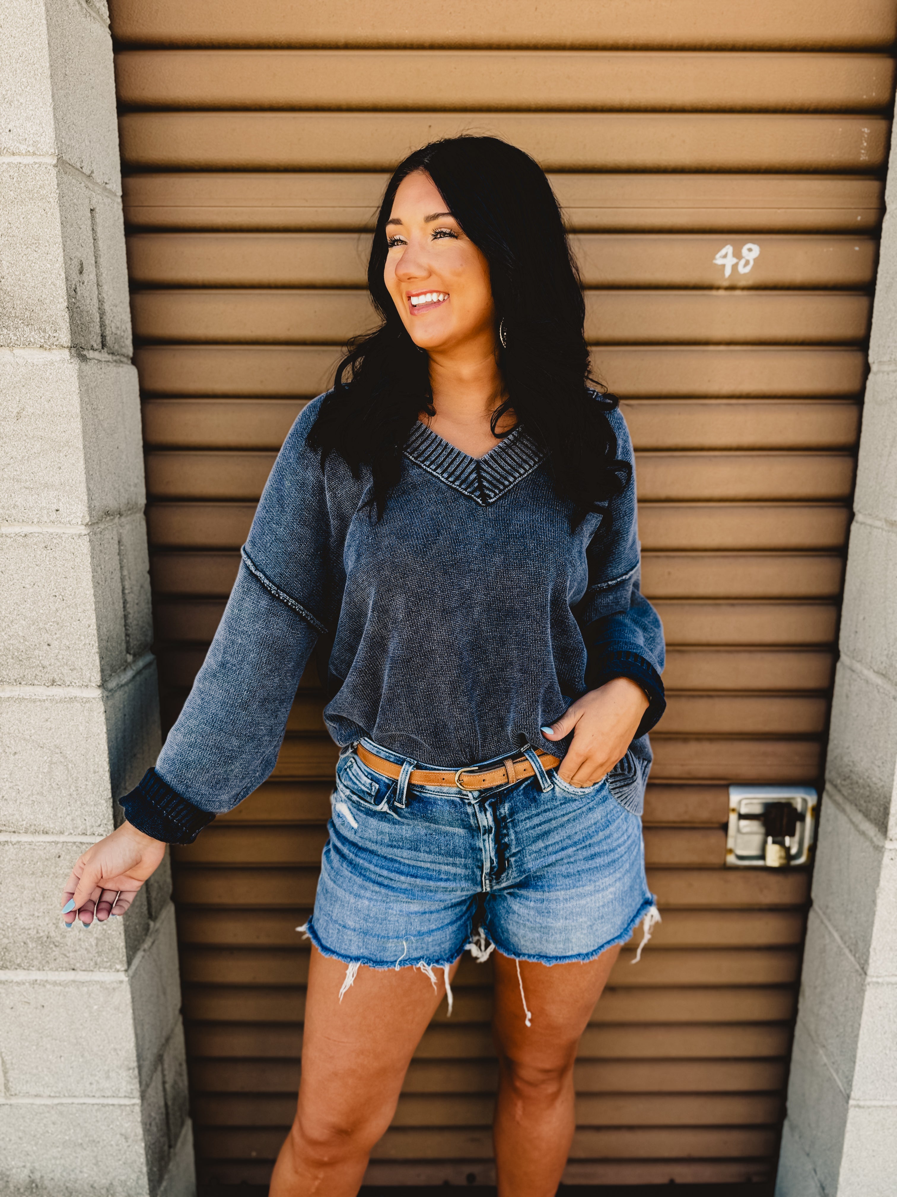 Oversized V-Neck Washed Sweater - Navy