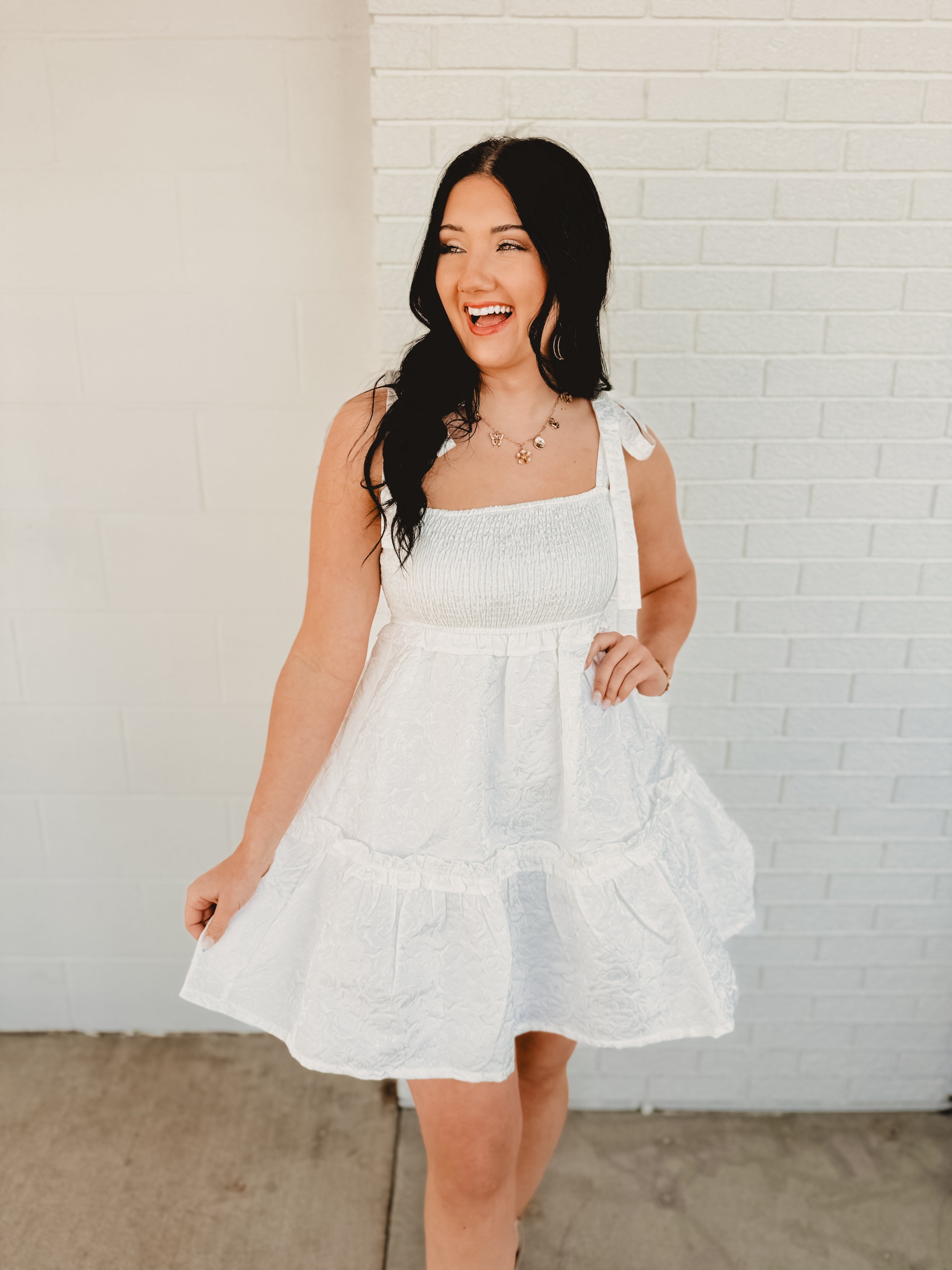 Textured Jacquard Smocked Babydoll Dress - White