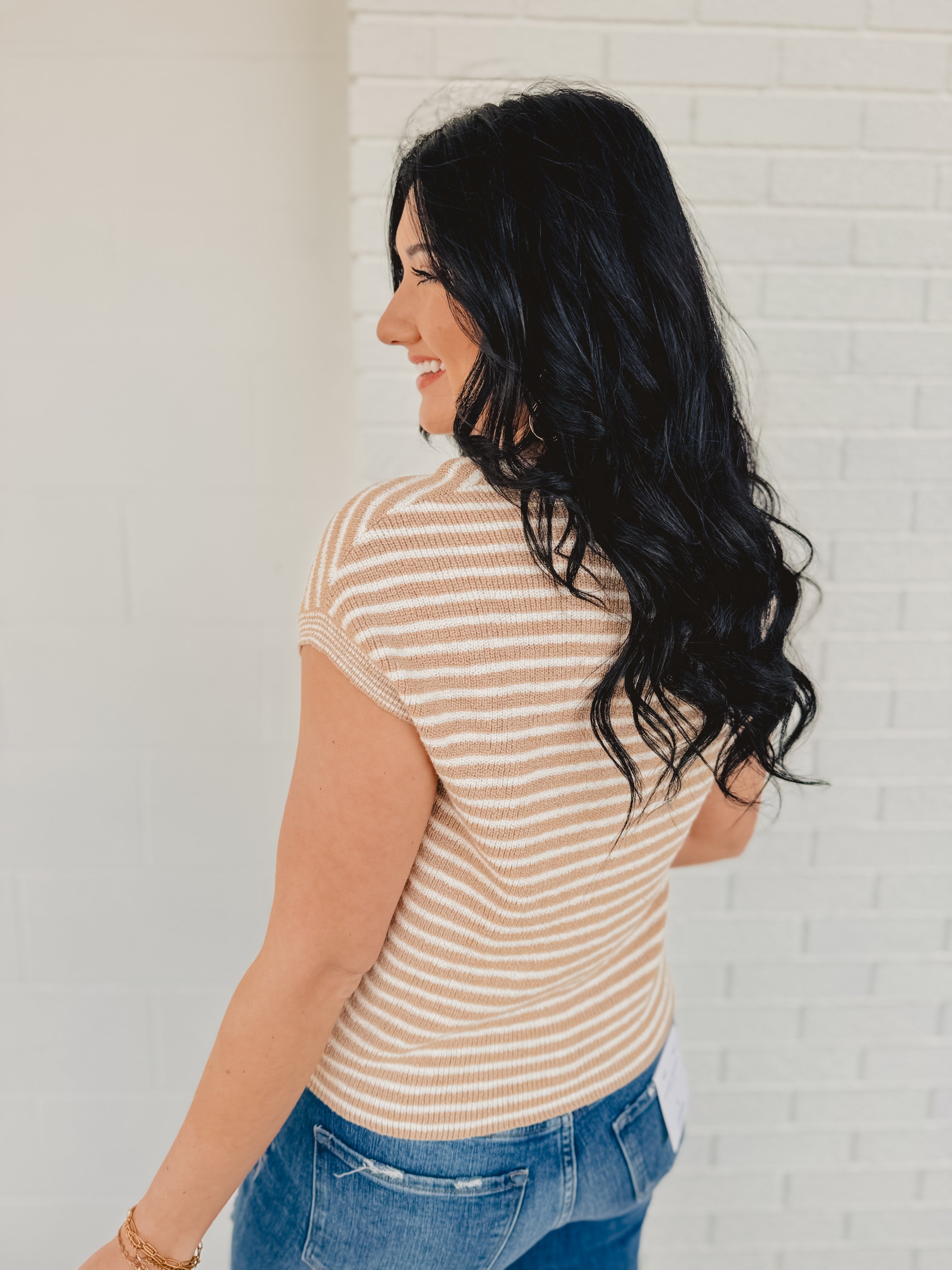 Striped Short Sleeve Pullover Sweater - Khaki