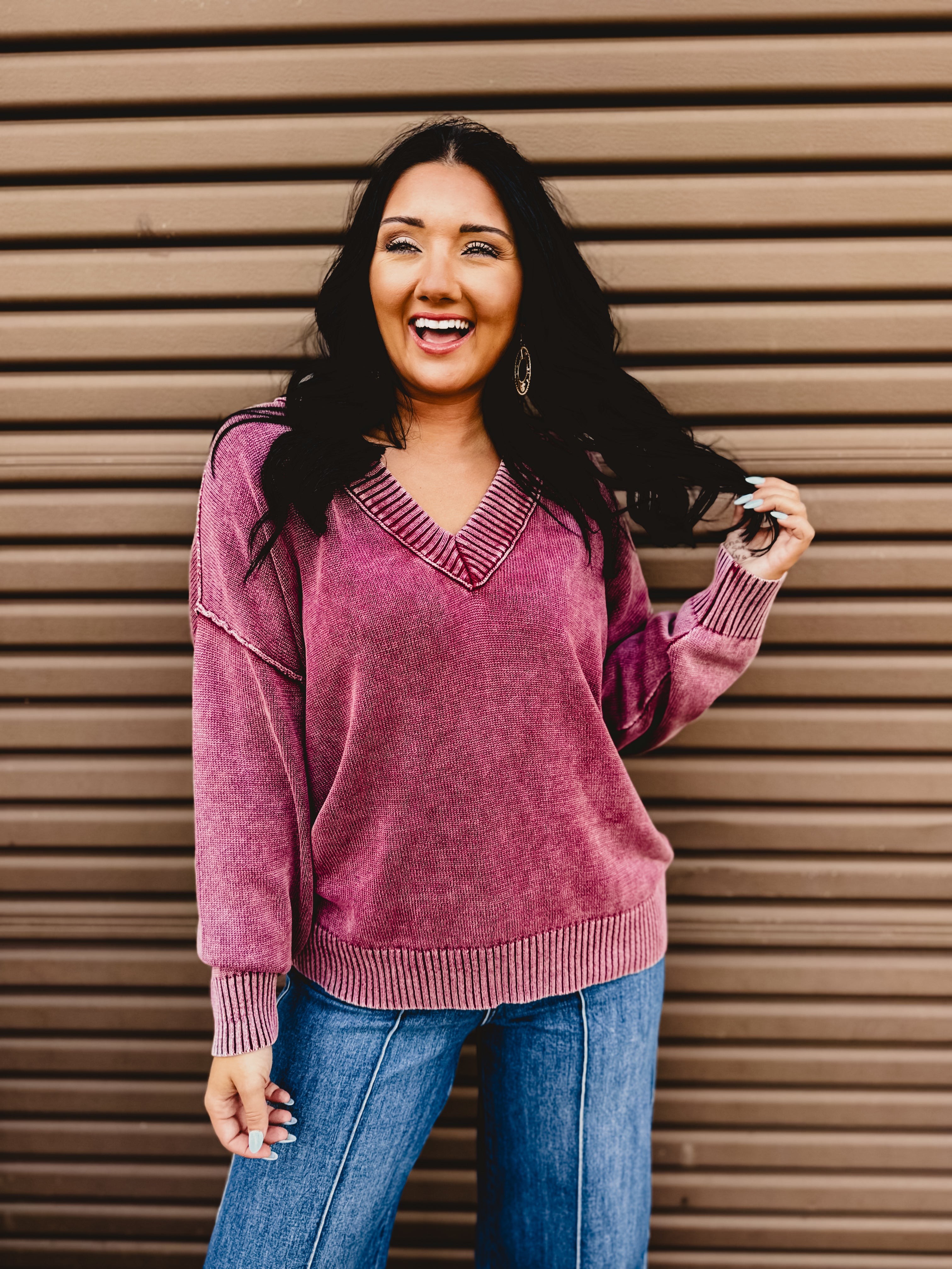 Oversized V-Neck Washed Sweater - Burgundy