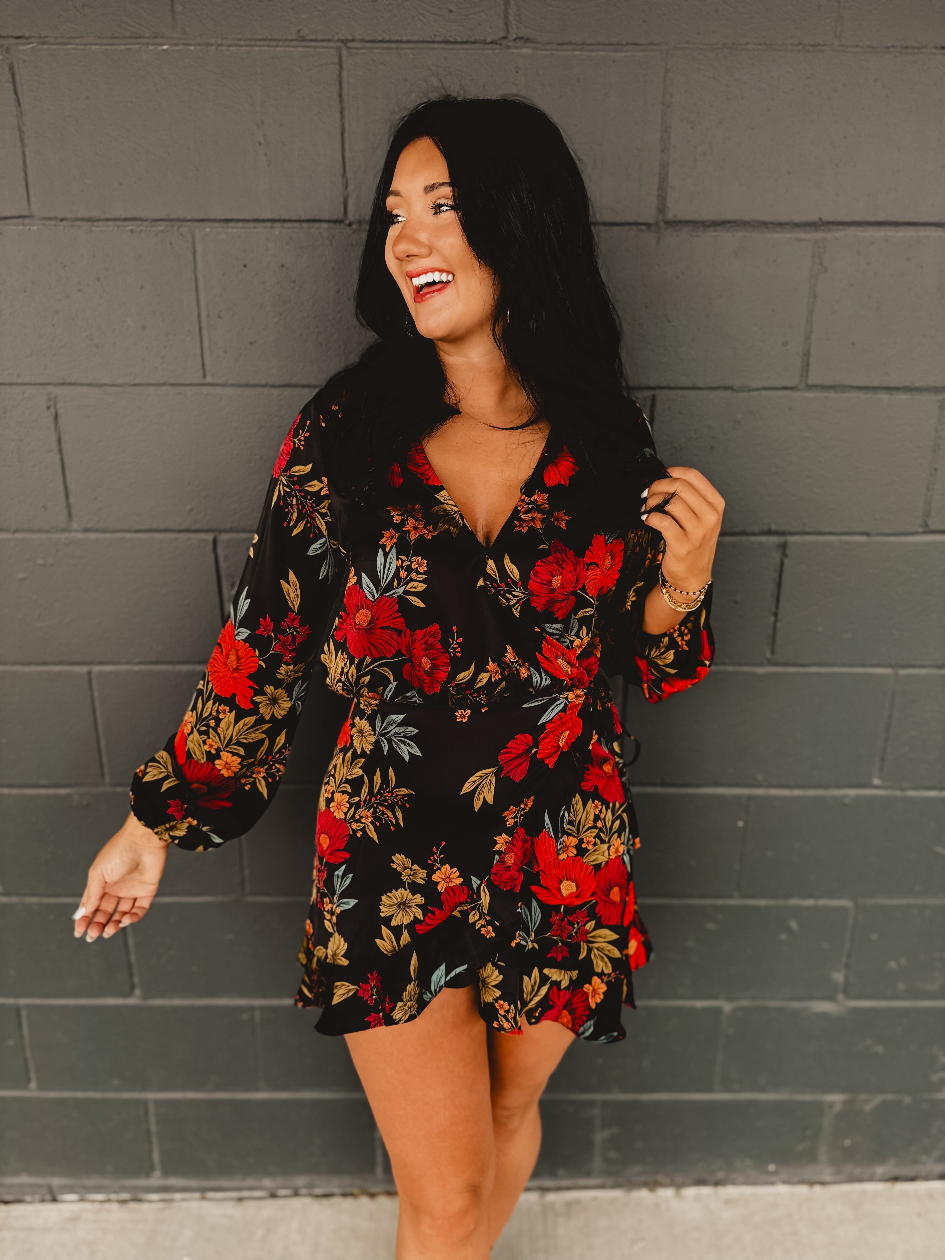 Midnight Floral Satin Wrap Dress - Black
