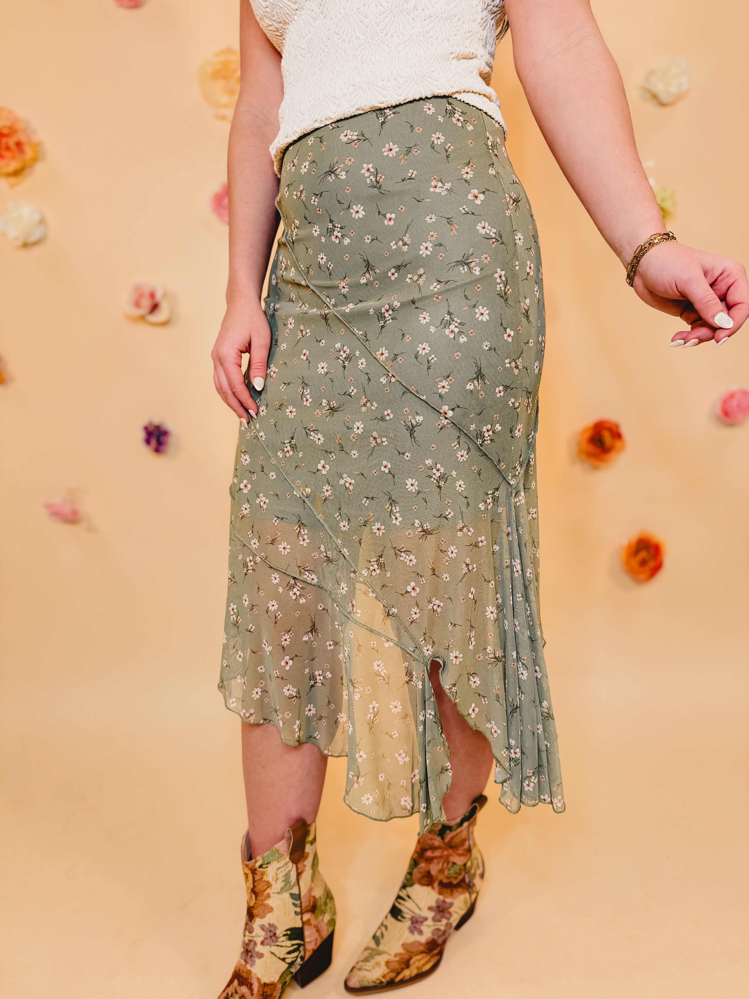 Floral Maxi Skirt - Dusty Olive