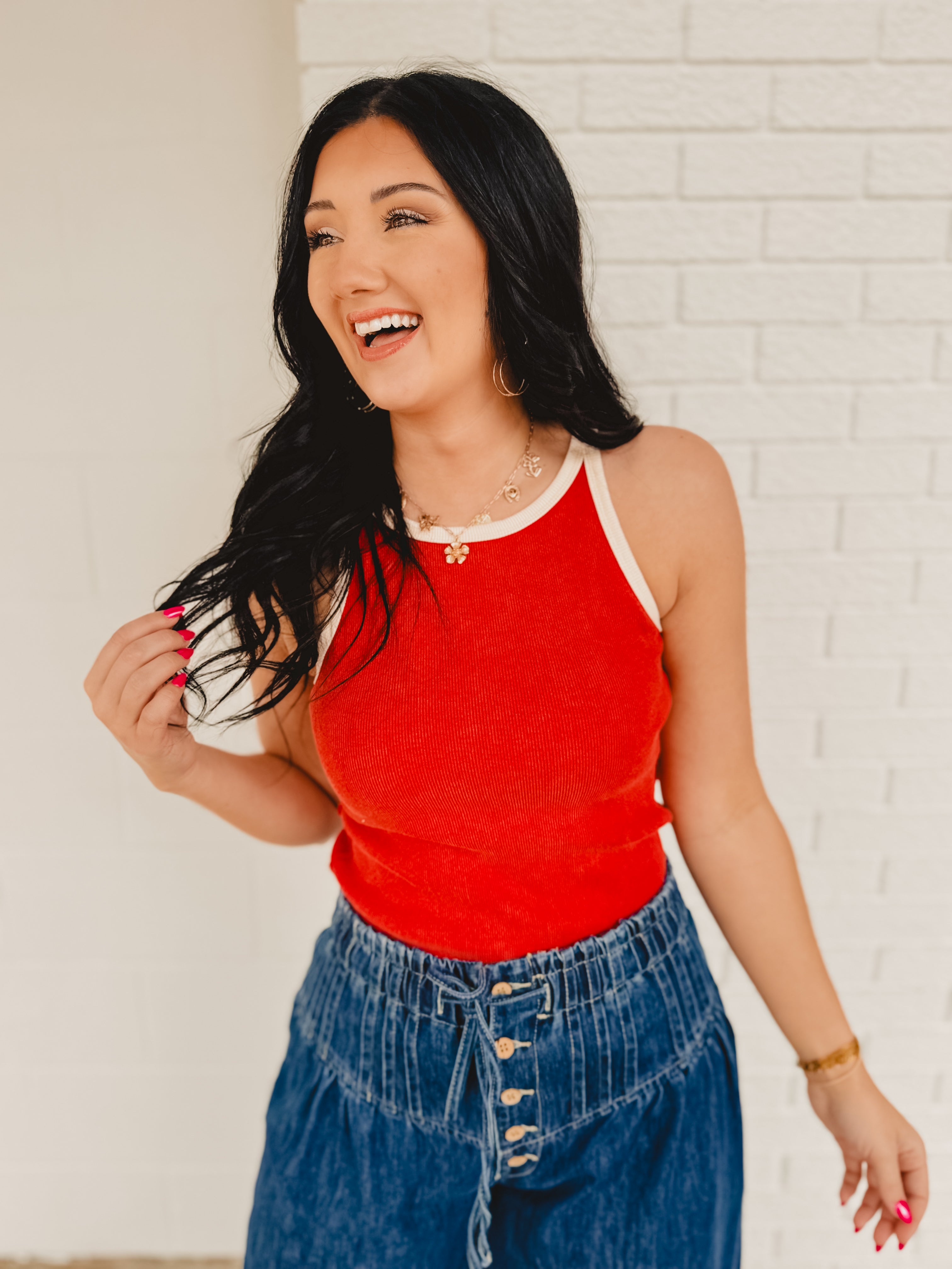 Snow Washed Ribbed Tank - Vintage Red