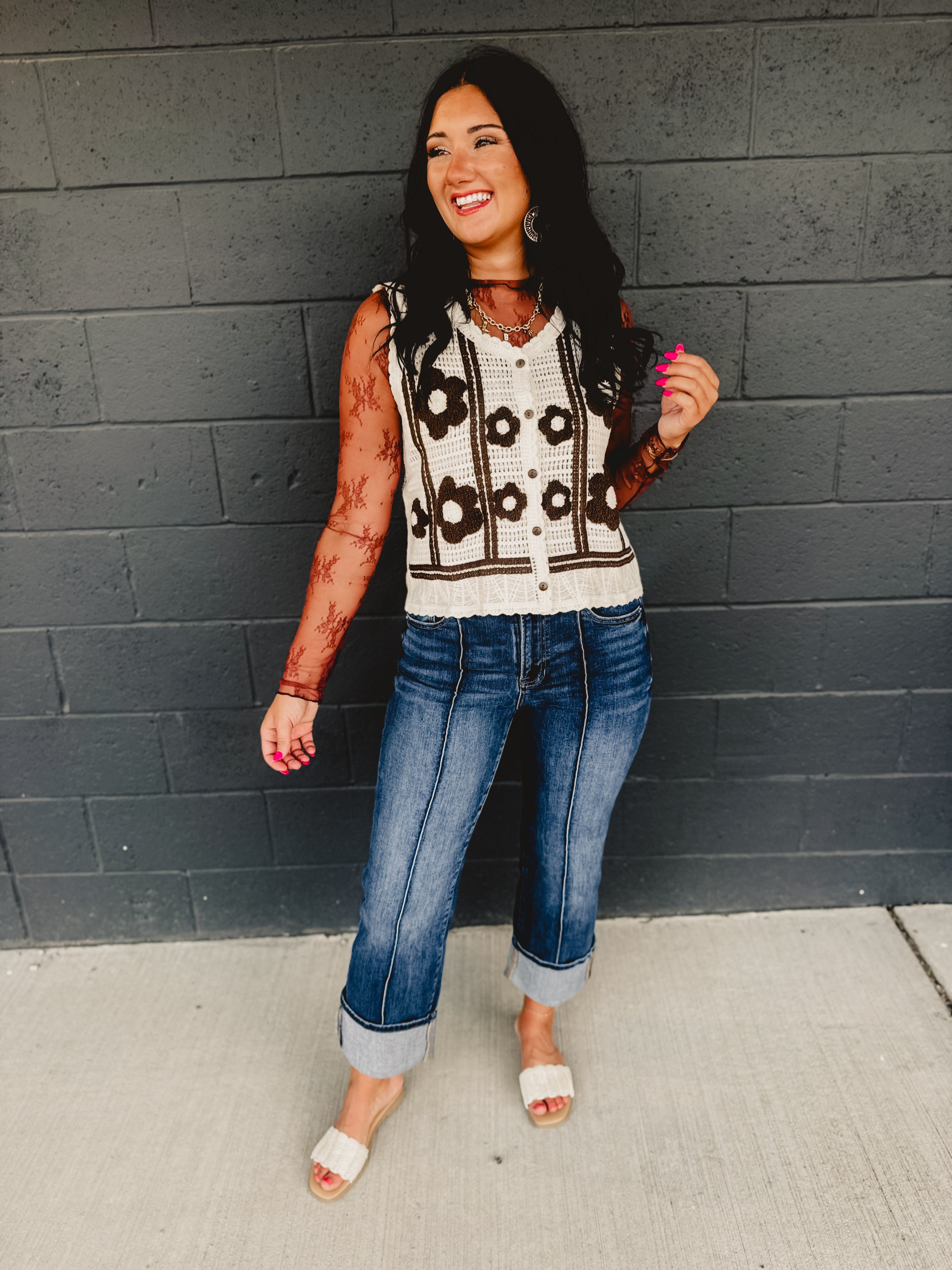 Floral Crochet Button Sweater Vest - Cream/Brown