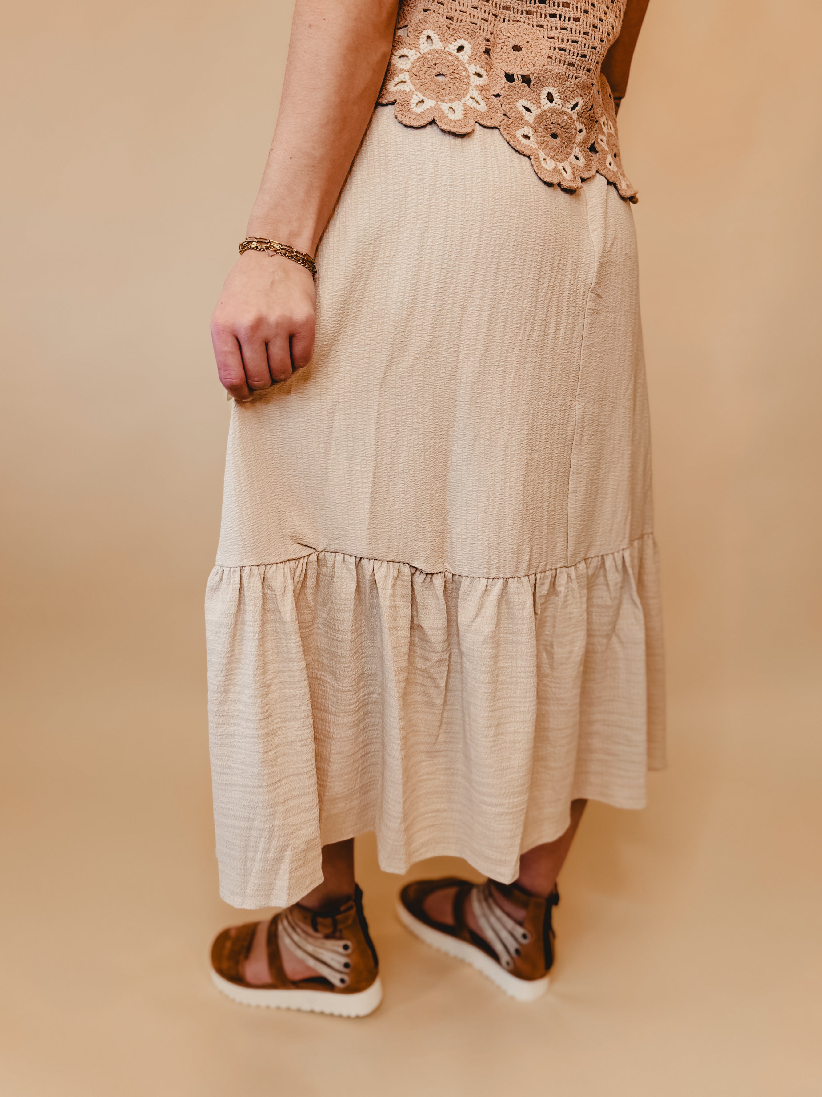 Ruffled Hem Midi Skirt - Natural