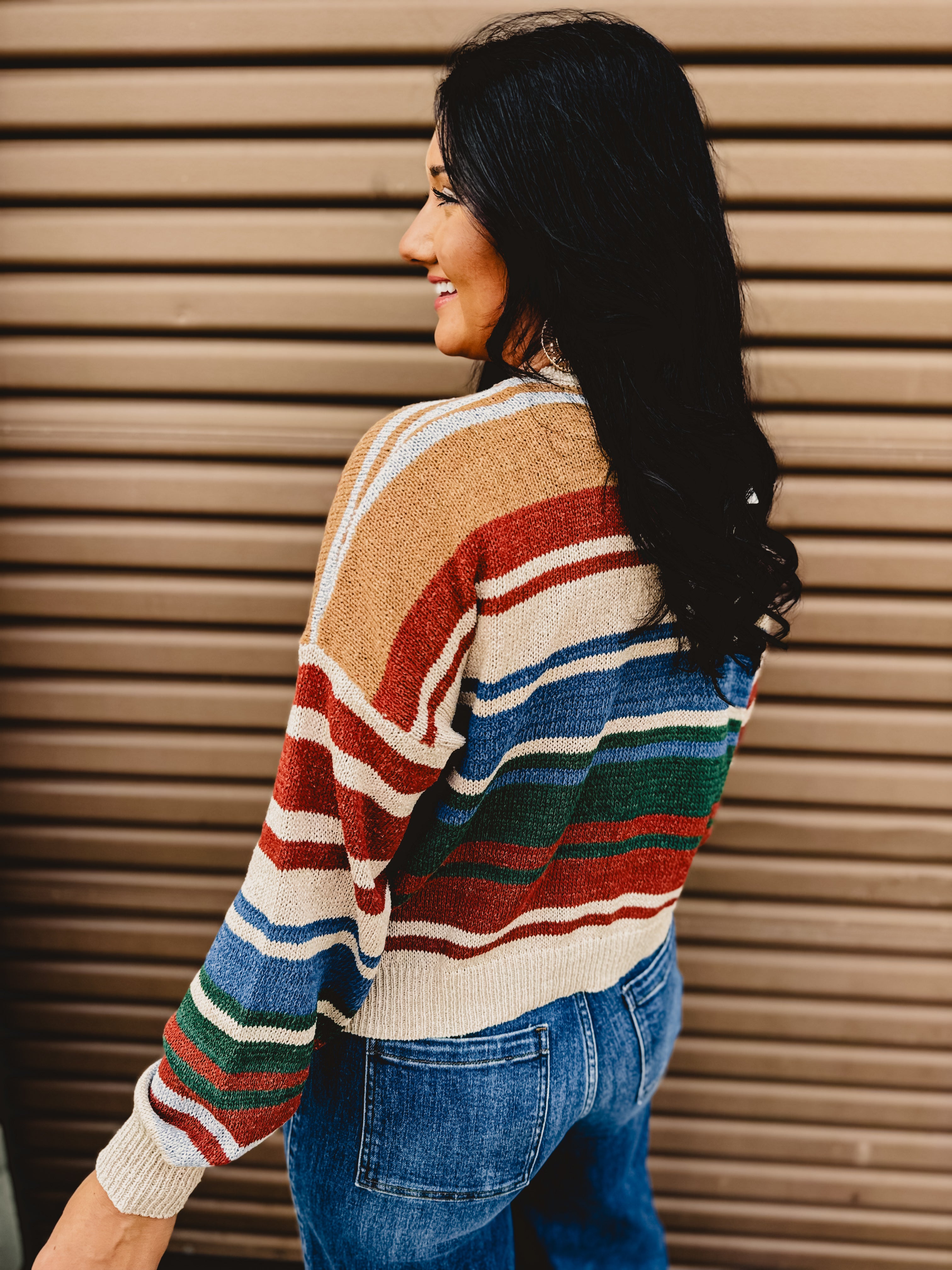 Color Block Striped Sweater - Blue/Rust