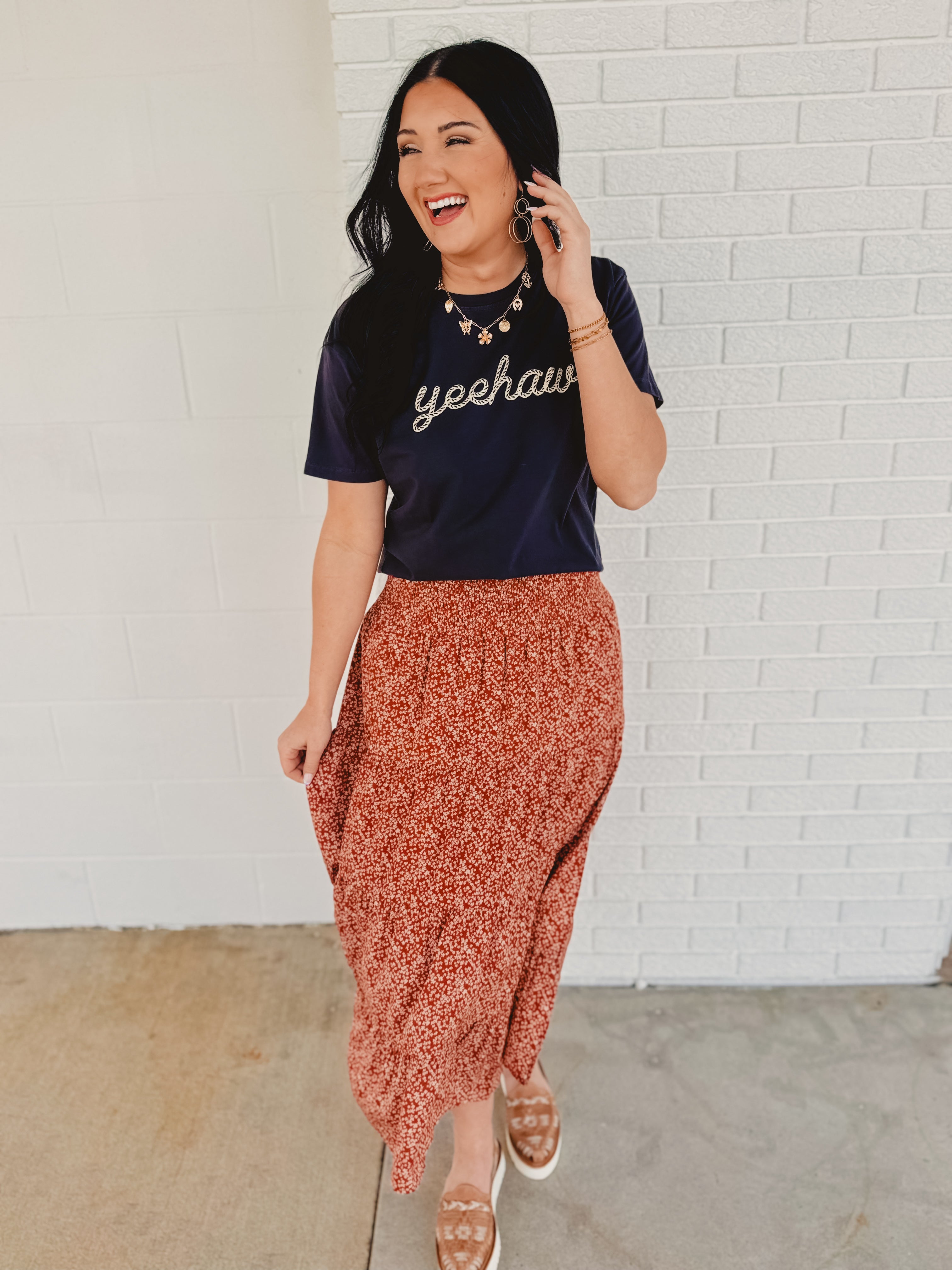 Floral Tiered Midi Skirt with Front Slit - Rust