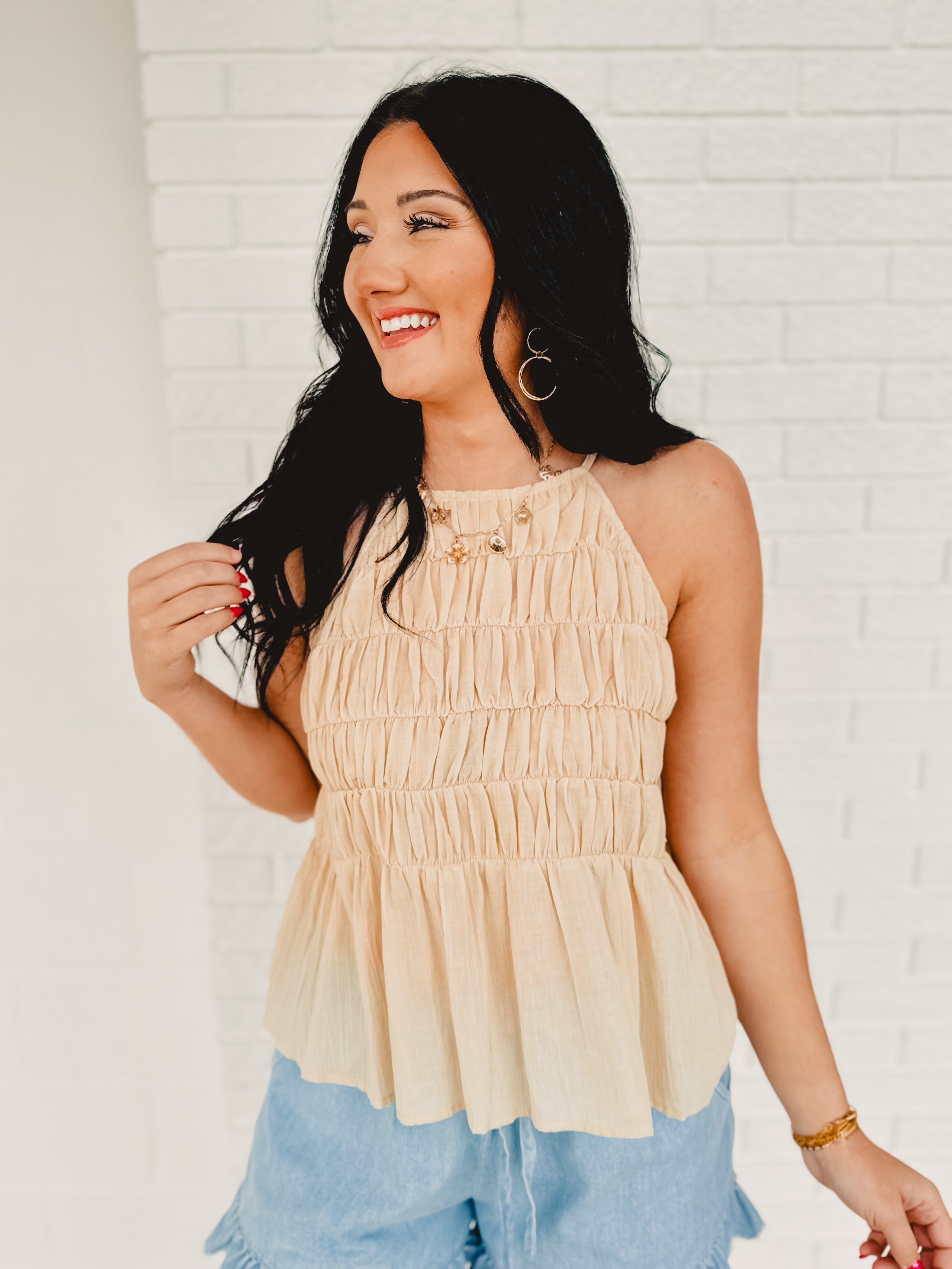 High Neck Tiered Smocked Tank Top - Natural