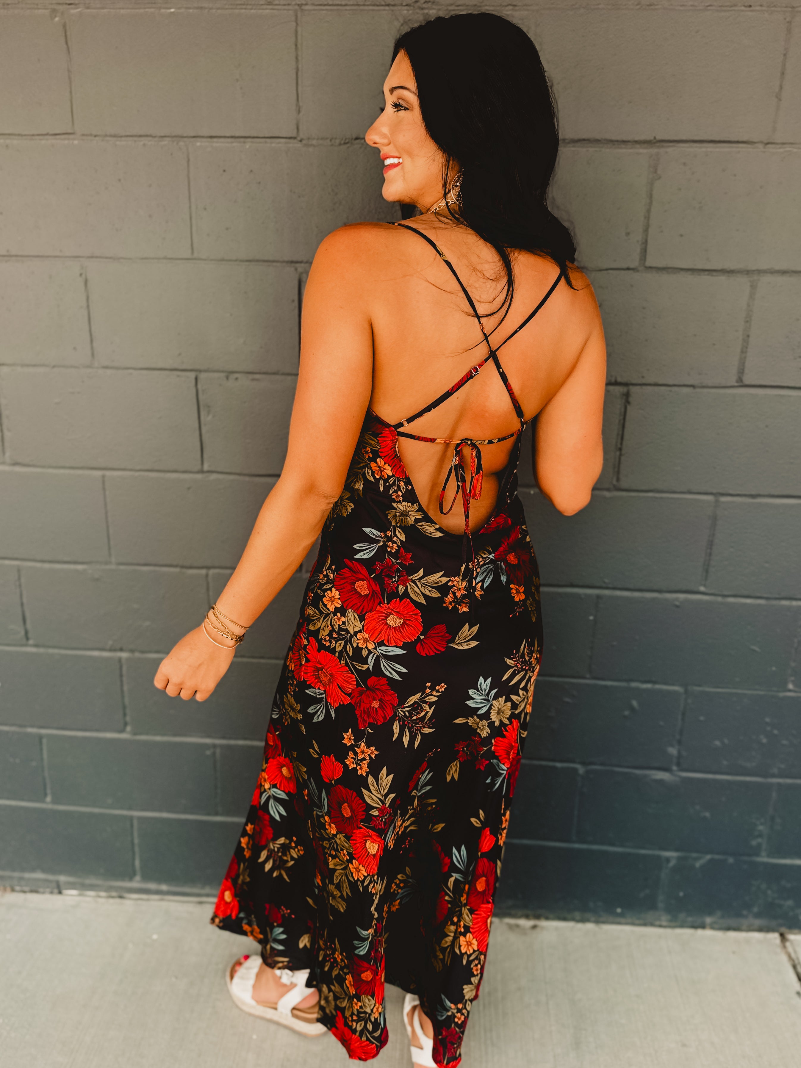 Black Satin Dress - Floral