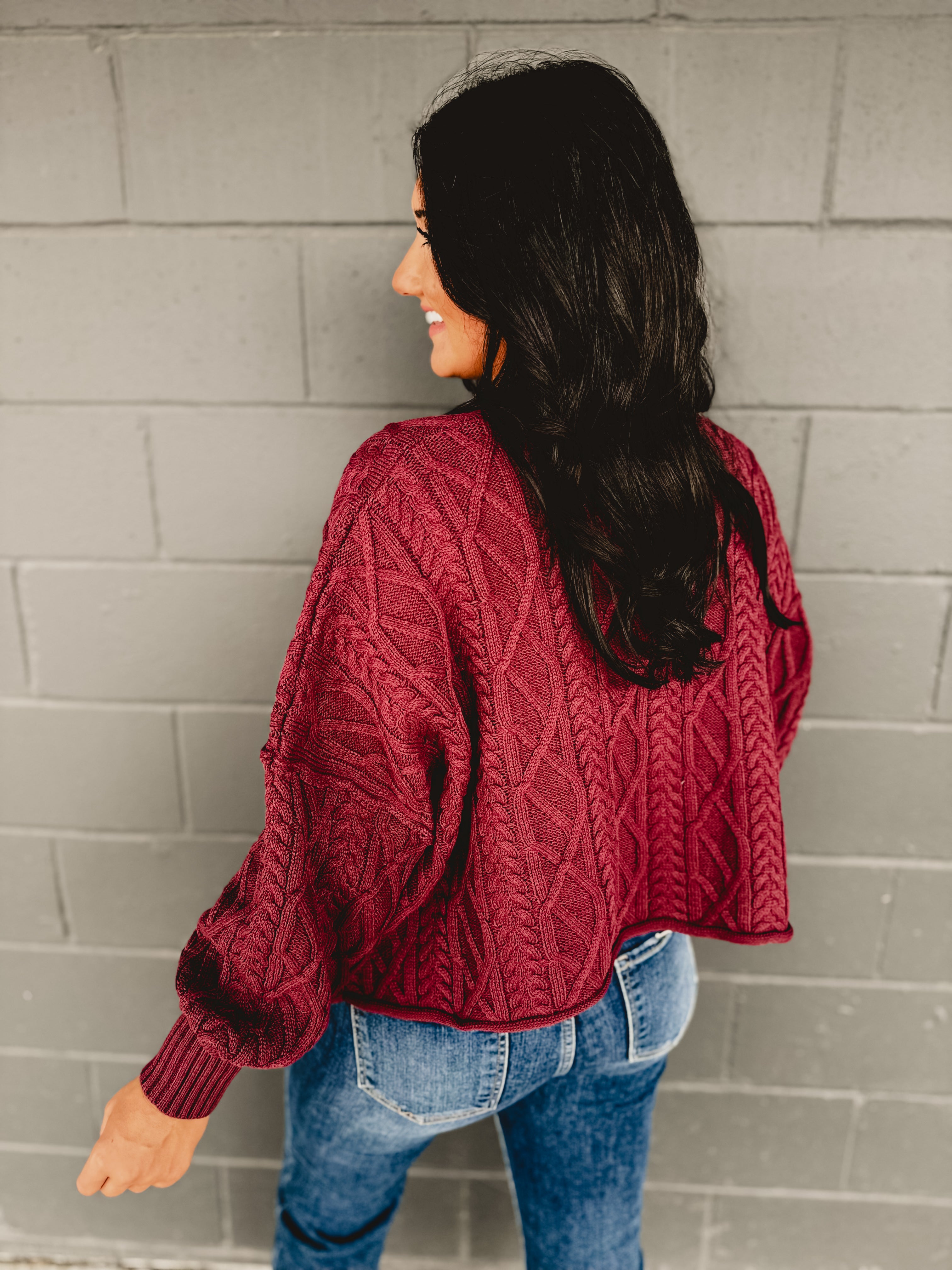 Cotton Cable Knit Pullover - Burgundy