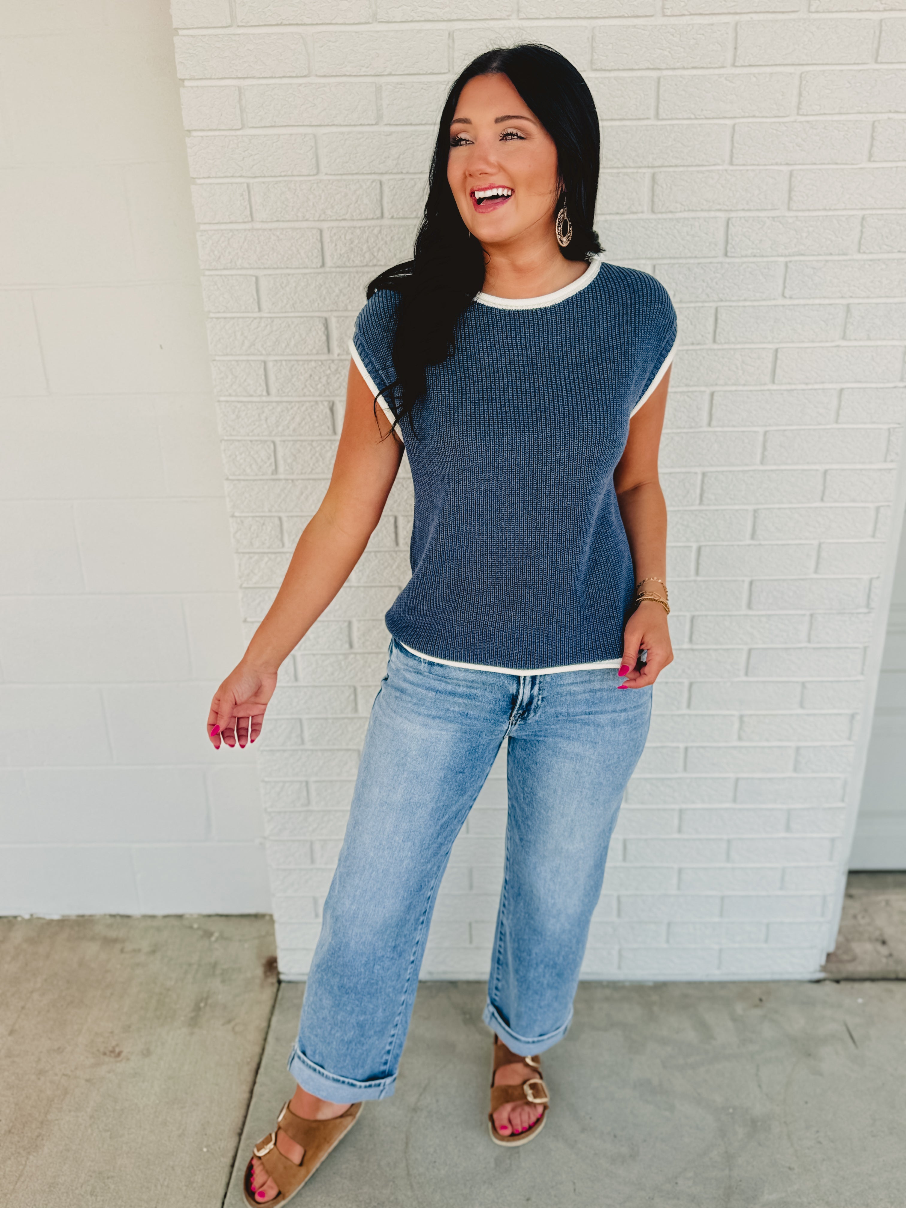 Contrast Rolled Edge Sweater - Nile Blue