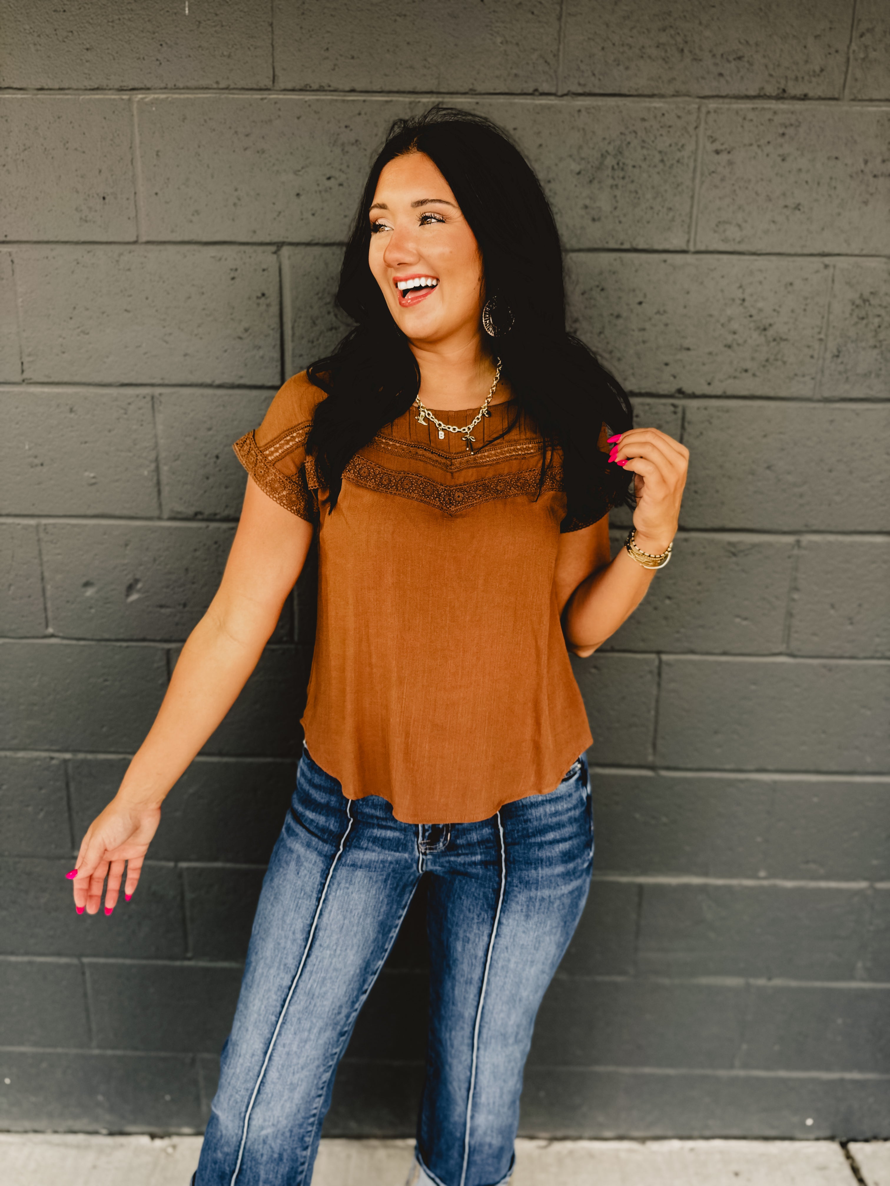 Lace Detail Pleated Top - Brown