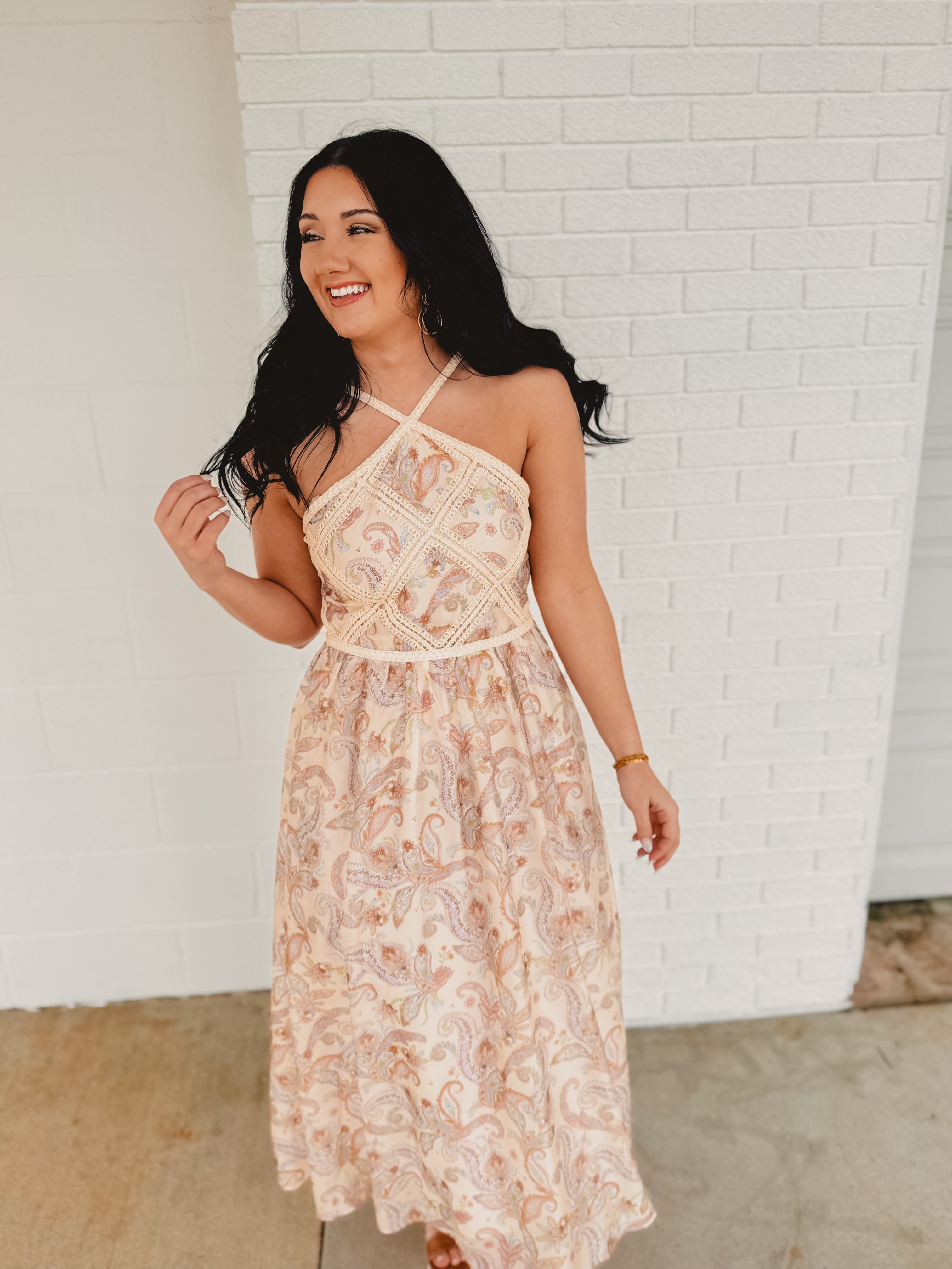 Paisley Halter Neck Embroidered Midi Dress - Cream Multi