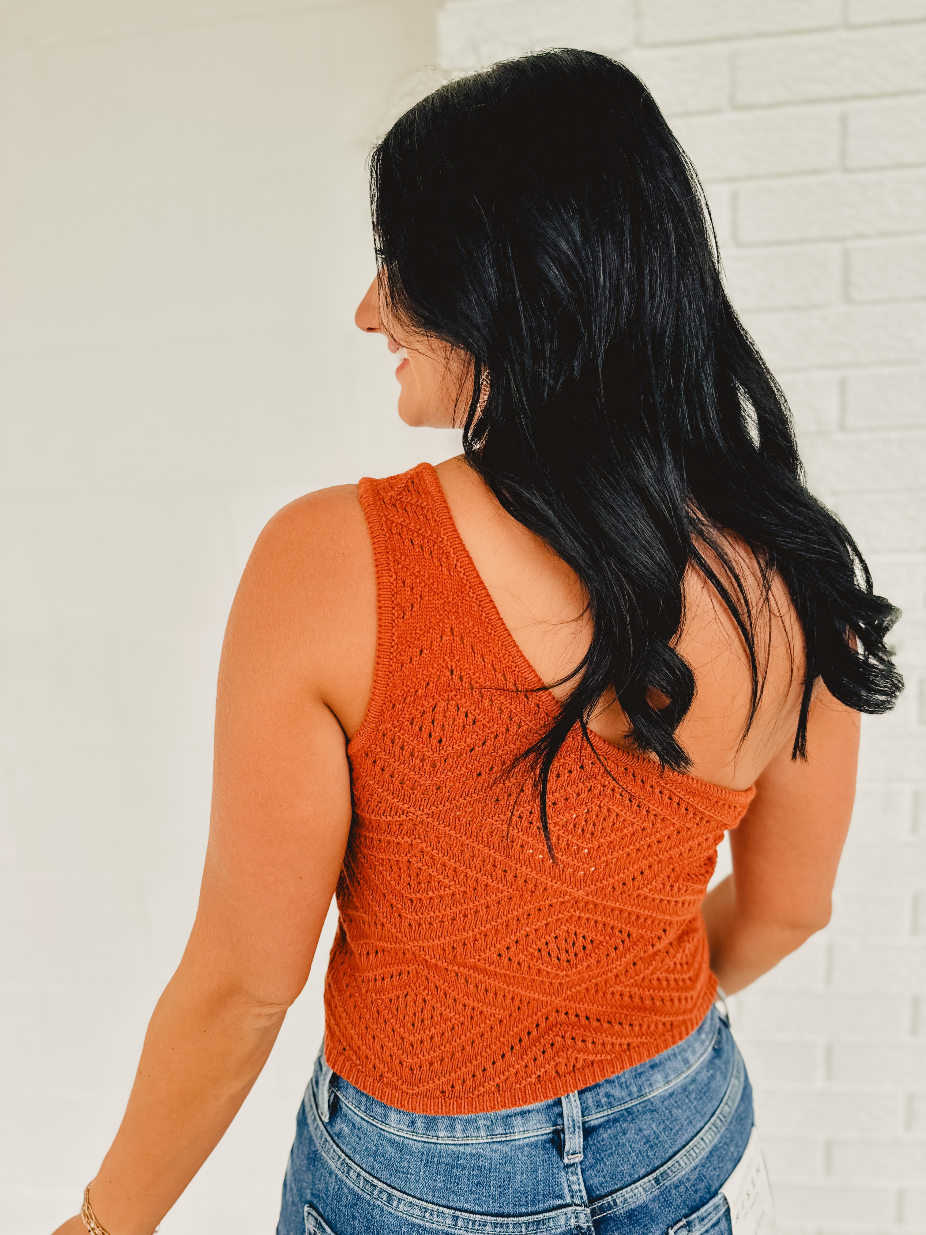 Crochet Knit One Shoulder Crop Top - Rust