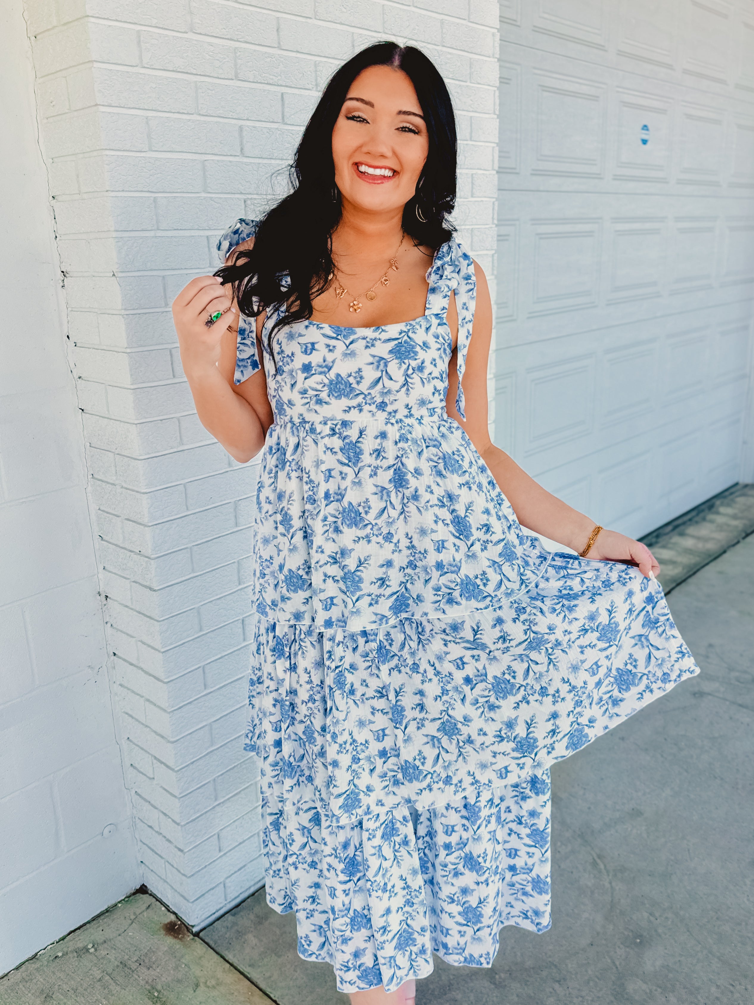Floral Print Ruffle Tiered Midi Dress - Blue