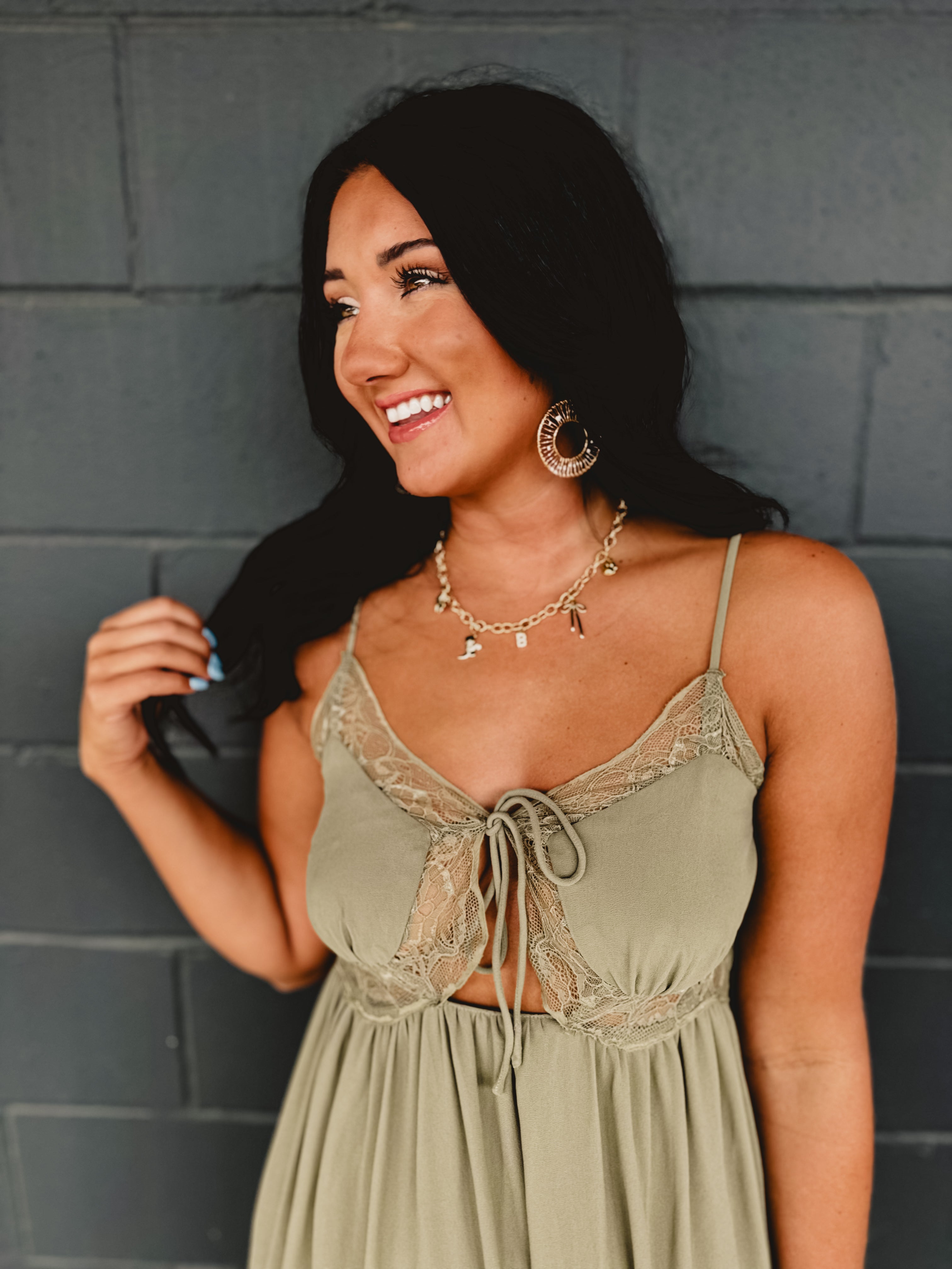 Lace Trim Detail Maxi Dress - Olive