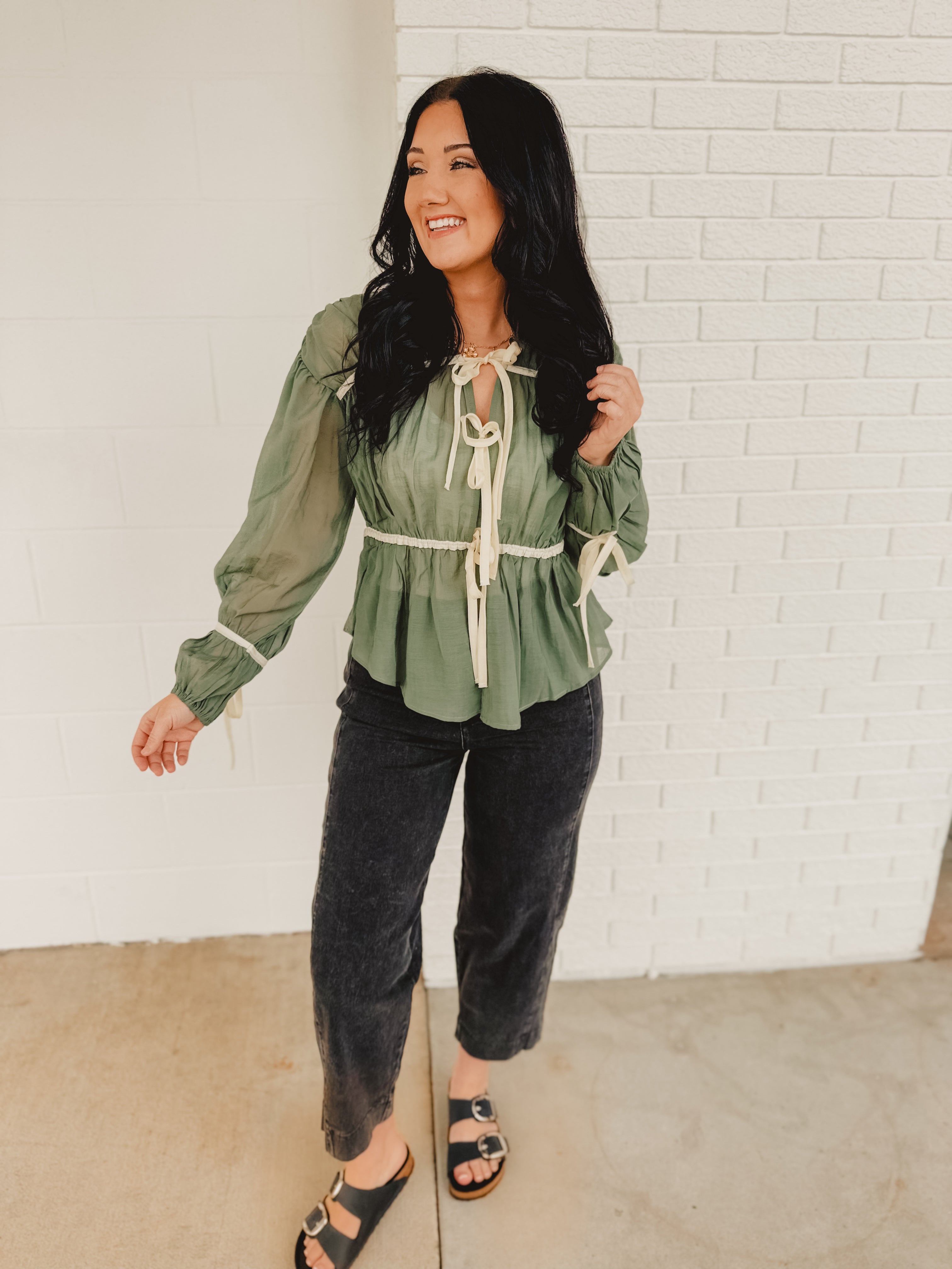 Tie Front Contrast Long Sleeve Top - Emerald