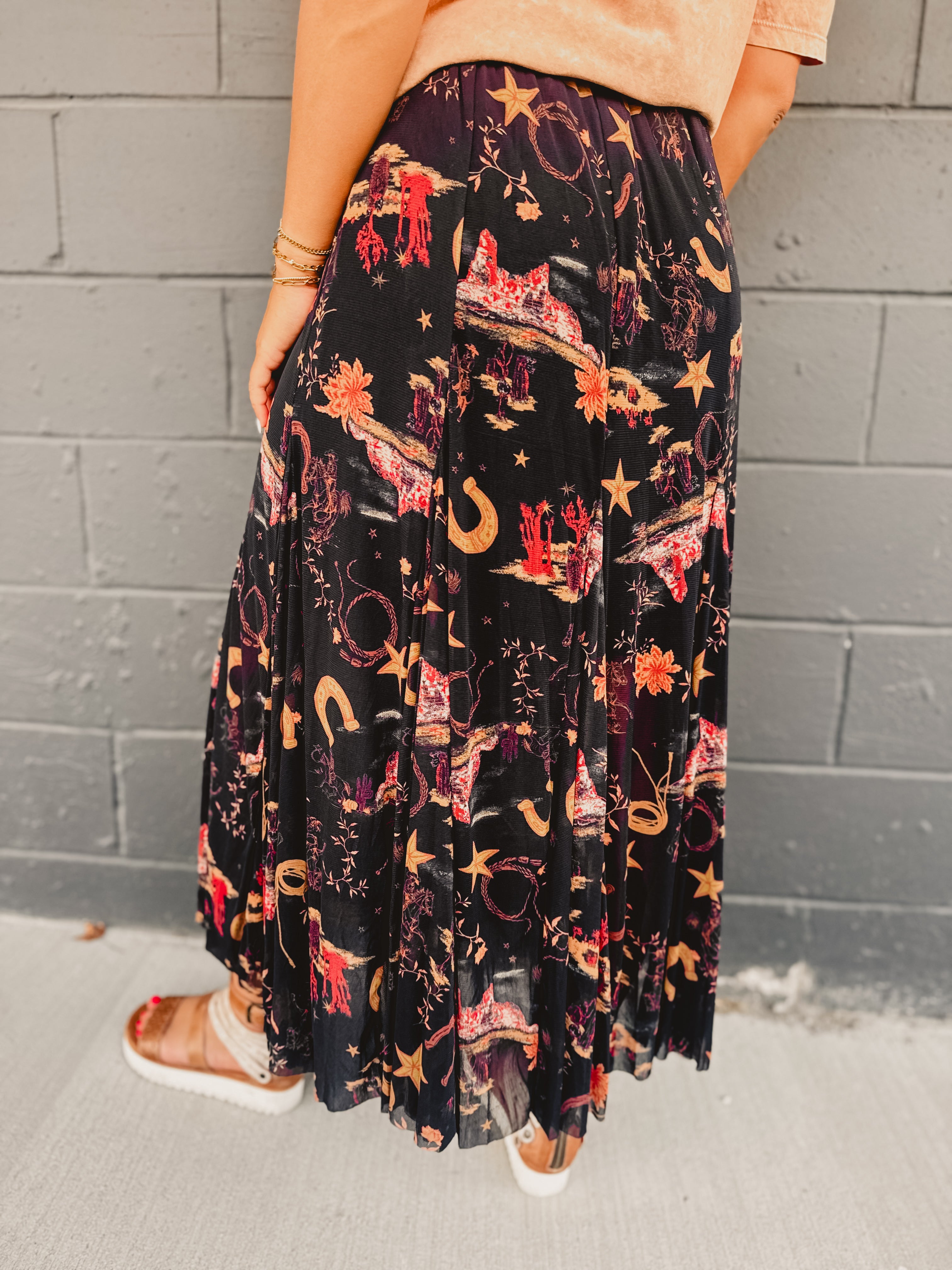 Western Printed Maxi Skirt - Black